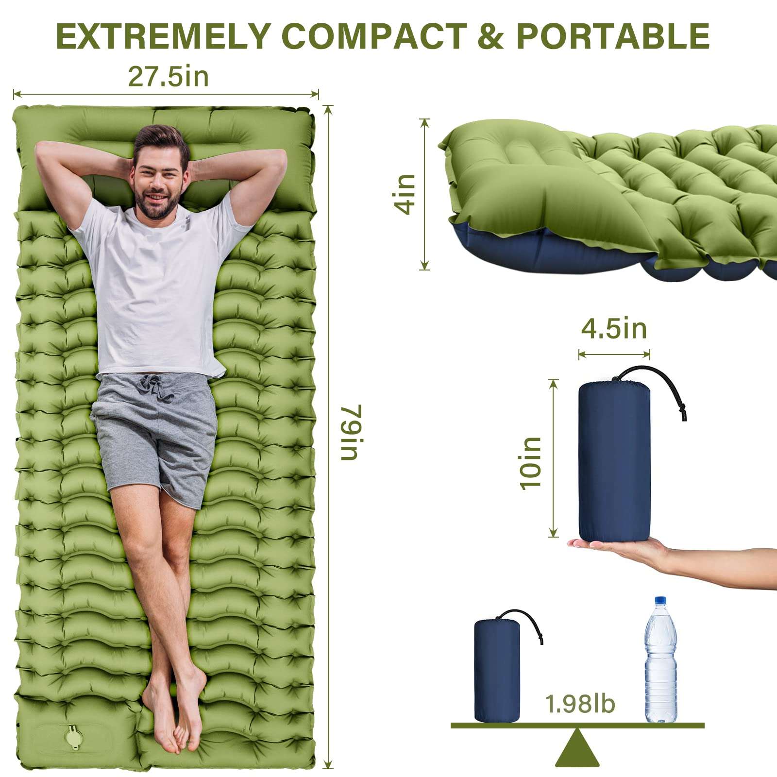 Camping Sleeping Pad, Ultralight Camping Mat with Pillow, Built-in Foot Pump Inflatable Sleeping Pads Compact for Camping Backpacking Hiking Traveling Tent,Single,Green. - Image 2