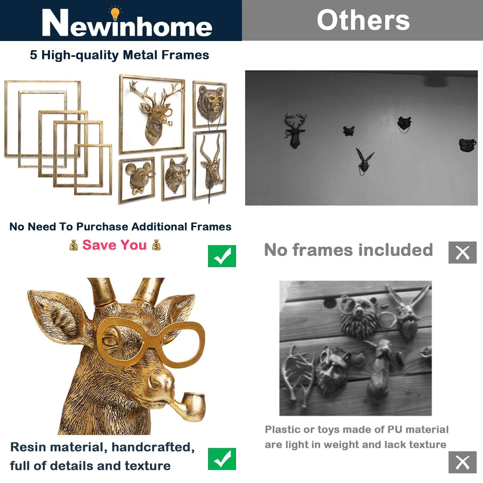 Animal Heads Wall Decor (5pcs, Includes Metal Frame) Resin Animals Sculptures Head Wall Hanging Decoration Gold vintage Wall Sculpture for Living Room Bedroom Office - Image 3