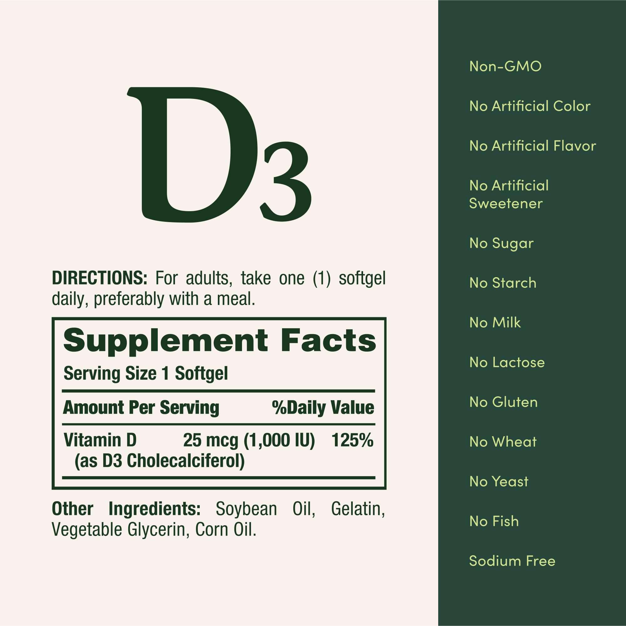 Nature's Bounty Vitamin D3 1000 IU Softgels, Immune Support, Promotes Healthy Bones, 1 Softgel per Day, Gluten Free, 350 Count - Image 5