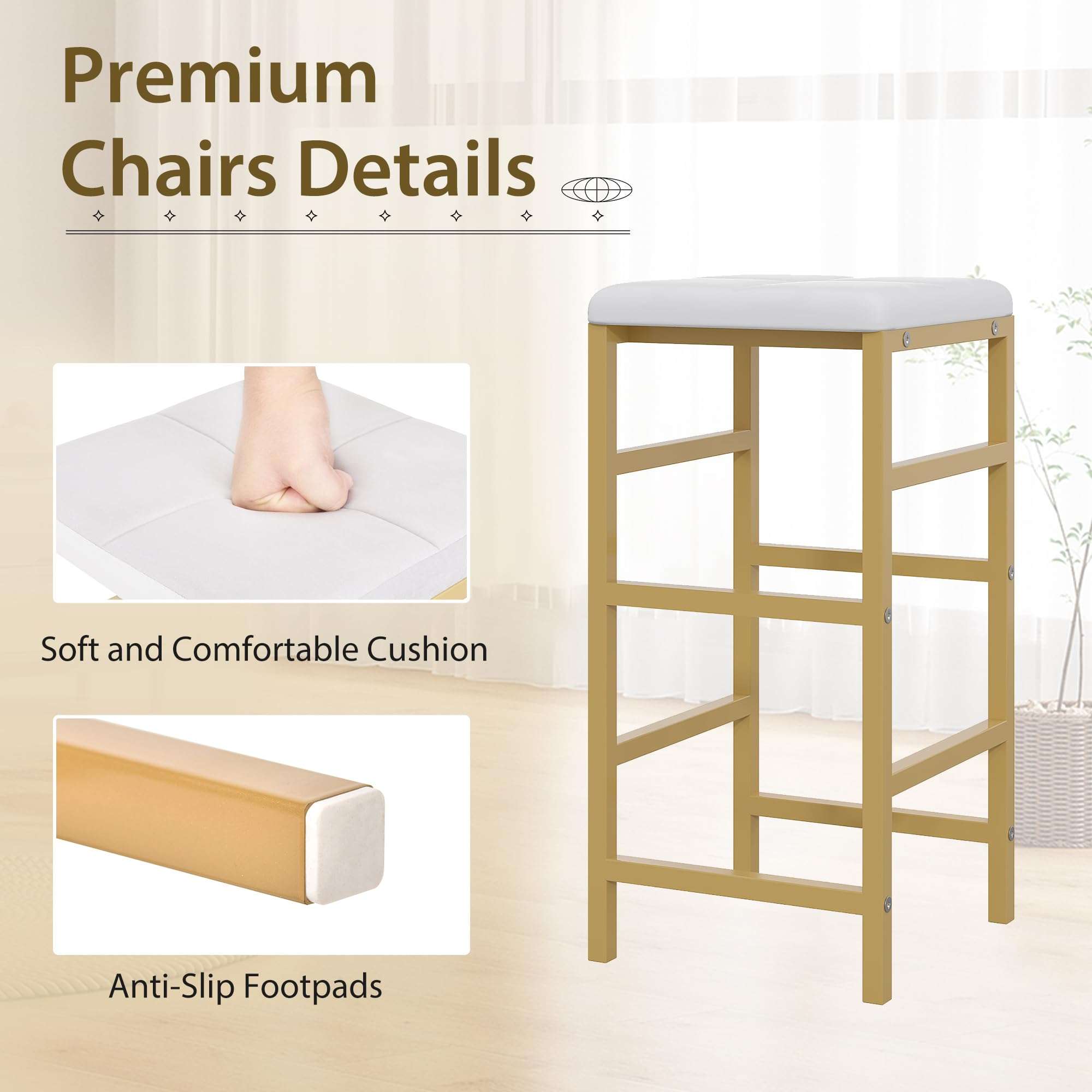 VECELO Bar Table and Chairs Set for 2, 3-Piece Dining Set with Storage Shelves, Cup Holder & Wine Rack, PU Leather Cushion Stools, for Kitchen Small Space, Gold - Image 7