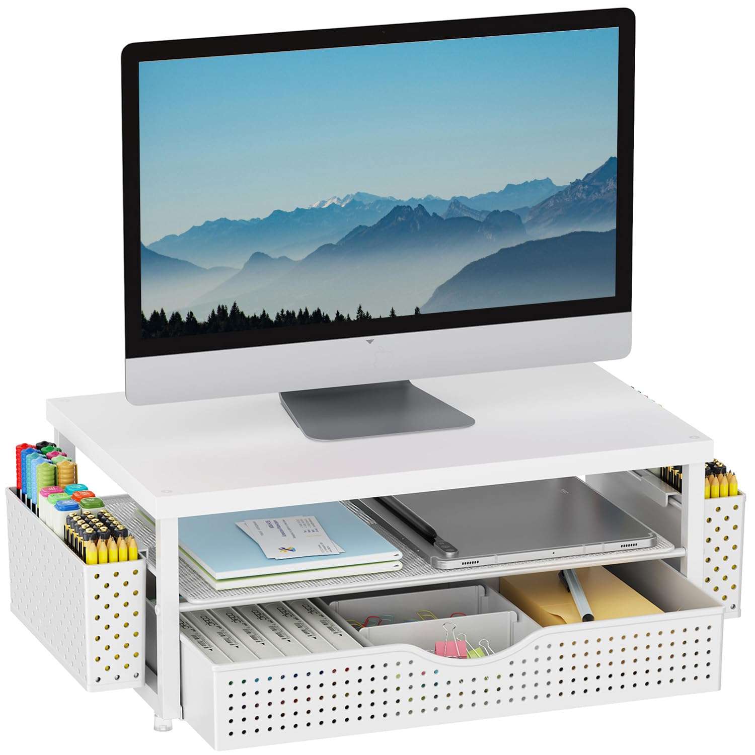 gianotter Wood Monitor Stand Riser, Office Desk Shelf Organizer, Desk Organizer with Drawer and Pen Holder, 2-Tier Computer Stand, Office Organization (Matte White) - Image 1