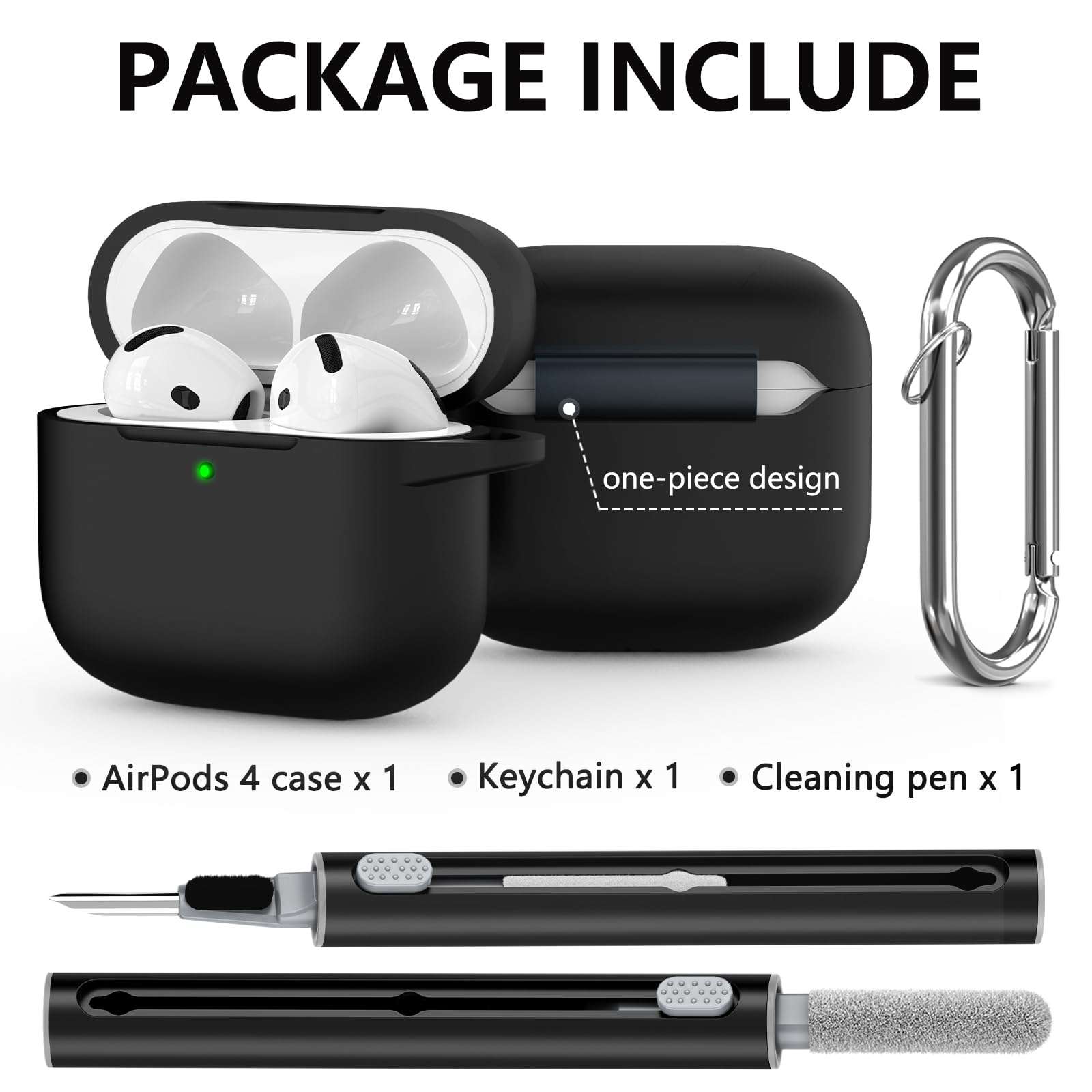 Ljusmicker for AirPods 4 Case Cover 2024 with Cleaner Kit,Soft Silicone Protective Case for Apple AirPods 4th Generation Case for Women Men,AirPod 4 Case Accessories with Keychain-Black - Image 3