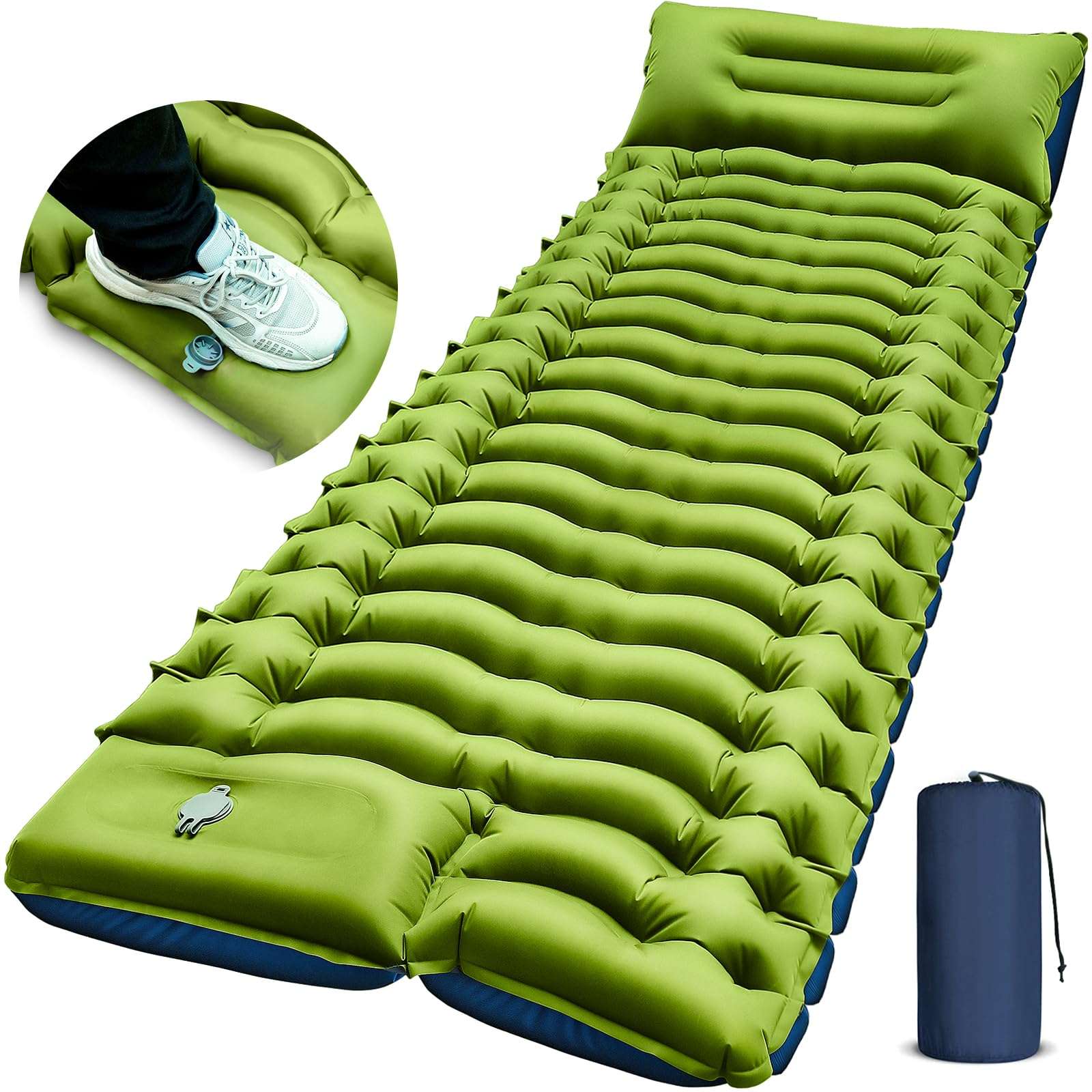 Camping Sleeping Pad, Ultralight Camping Mat with Pillow, Built-in Foot Pump Inflatable Sleeping Pads Compact for Camping Backpacking Hiking Traveling Tent,Single,Green. - Image 1