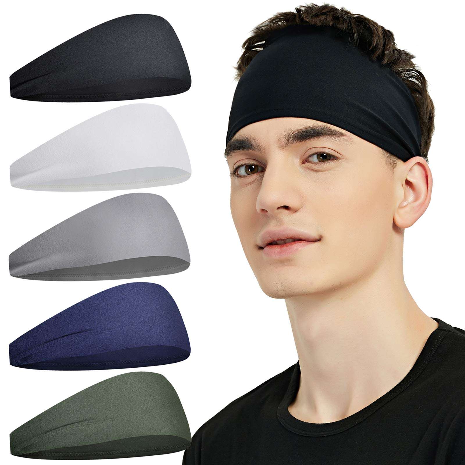Pilamor Sports Headbands for Men (5 Pack),Moisture Wicking Workout Headband, Sweatband Headbands for Running,Cycling,Football,Yoga,Hairband for Women and Men - Image 1