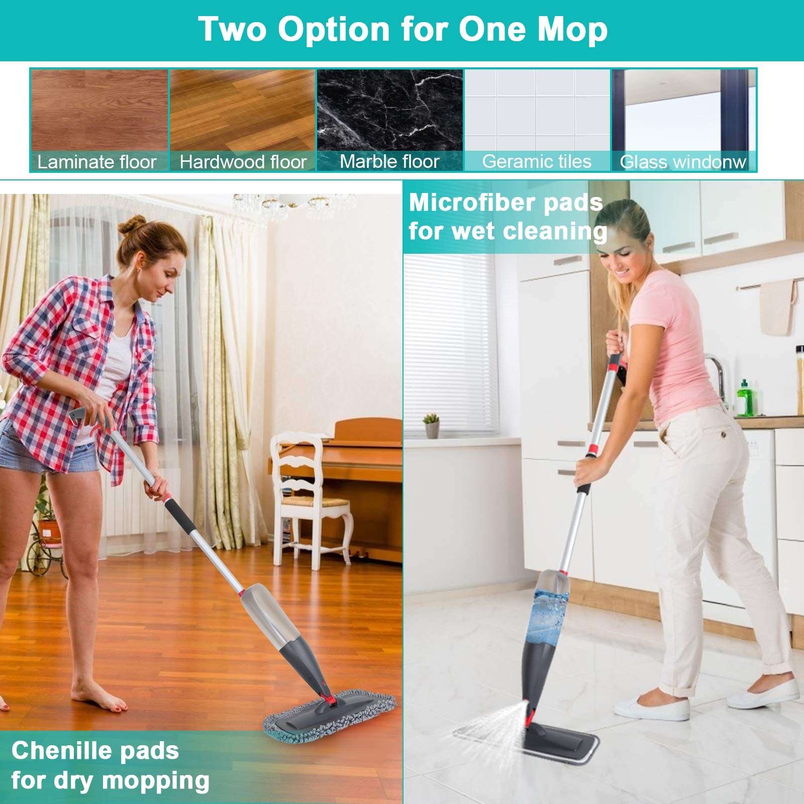 Spray Mop for Floor Cleaning with 3pcs Washable Pads - Wet Dry Microfiber Mop with 800 ml Refillable Bottle for Kitchen Wood Floor Hardwood Laminate Ceramic Tiles Floors Dust Cleaning - Image 5