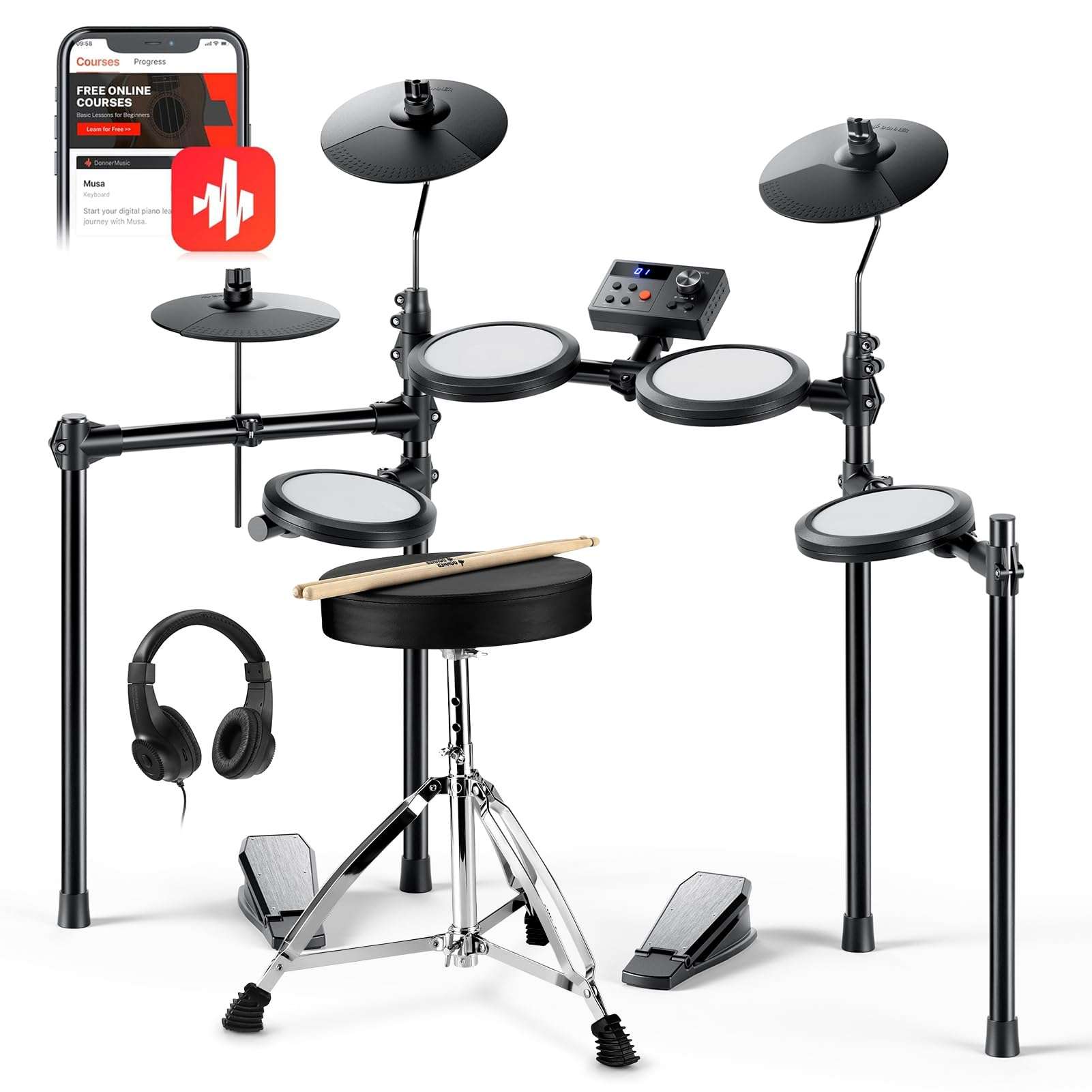 Donner Electric Drum Set, DED-70 Electronic Drum Kit for Beginner with 150 Sounds, 4 Quiet Mesh Pads, 9" Cymbals, USB MIDI, Type-C Charging, 2 Pedal, Throne, Headphones, Sticks, Melodics Lessons - Image 1