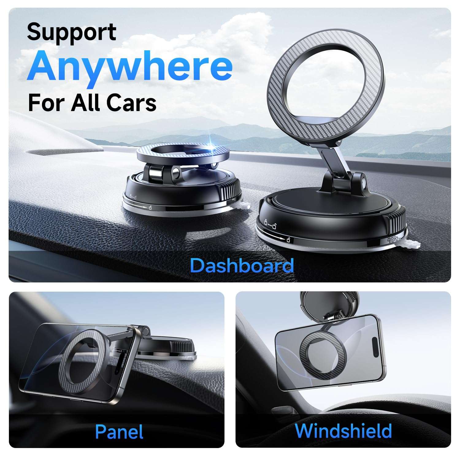 Car Phone Holder for Magsafe [78+LBS Strongest Suction & 2400gf Magnetic] 360° Adjustable Car Phone Mount, Phone Holders for Your Car for iPhone 17 Pro Max 16 15 14 13 12 Air Plus (Carbon Fiber) - Image 2