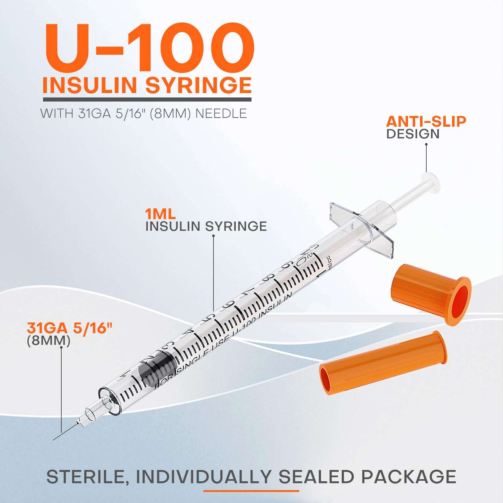 Insulin Syringe U-100 | 1cc with 31G 5/16" (8mm) Needle, Pack of 100 - Image 3