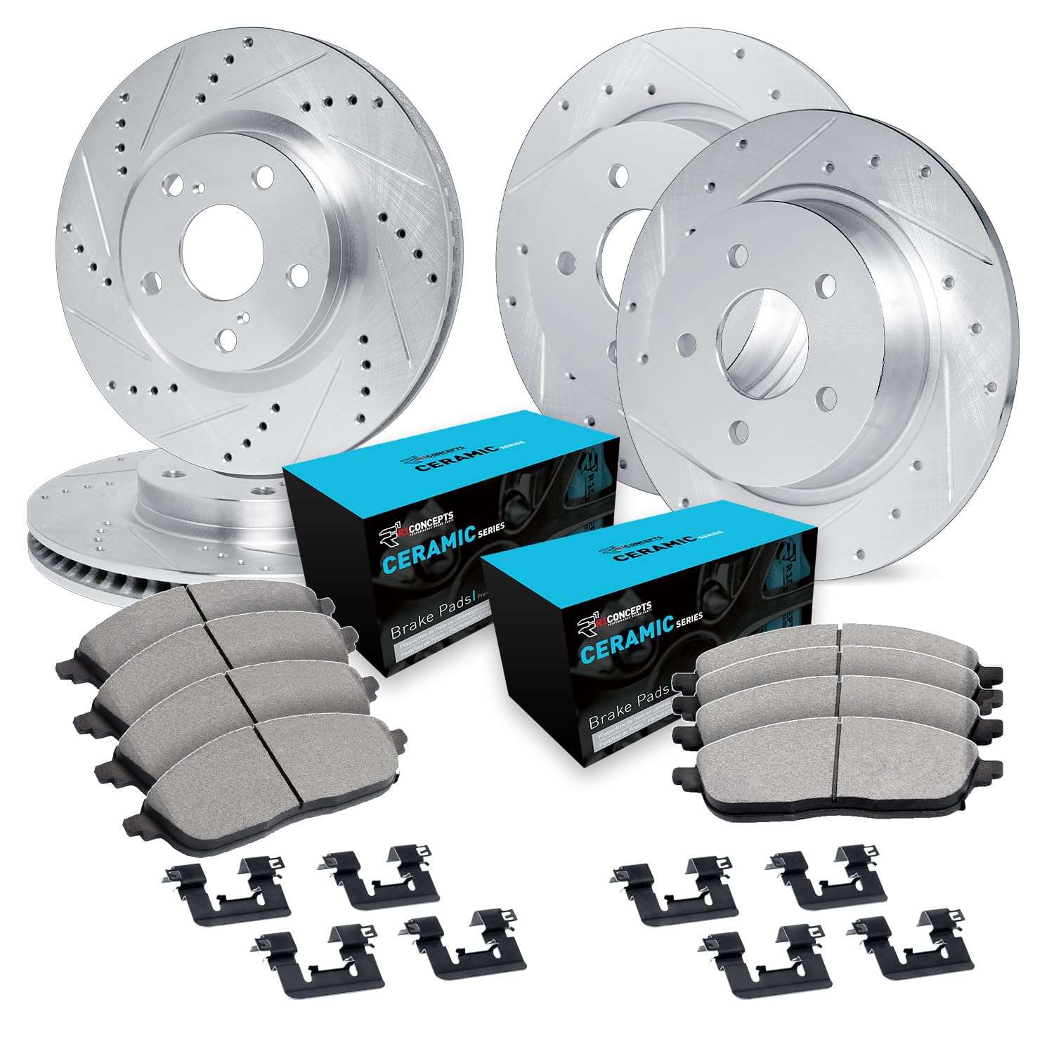 R1 Concepts Front and Rear Brake Kit For 2019-2022 Genesis G70, 2018-2021 Kia Stinger| Drilled Slotted Brake Rotors| Ceramic Brake Pads and Rotors Kit| Hardware included - Image 1