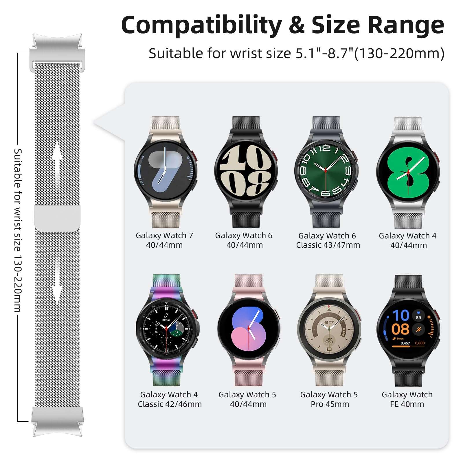 JKD No Gap One Click Metal Band Compatible with Samsung Galaxy Watch 7 6 5 4 FE 40mm 44mm, Galaxy Watch 6 4 Classic 47mm 43mm 42mm 46mm/Watch 5 Pro 45mm, 20mm Stainless Steel Mesh Wristband Women Men - Image 5
