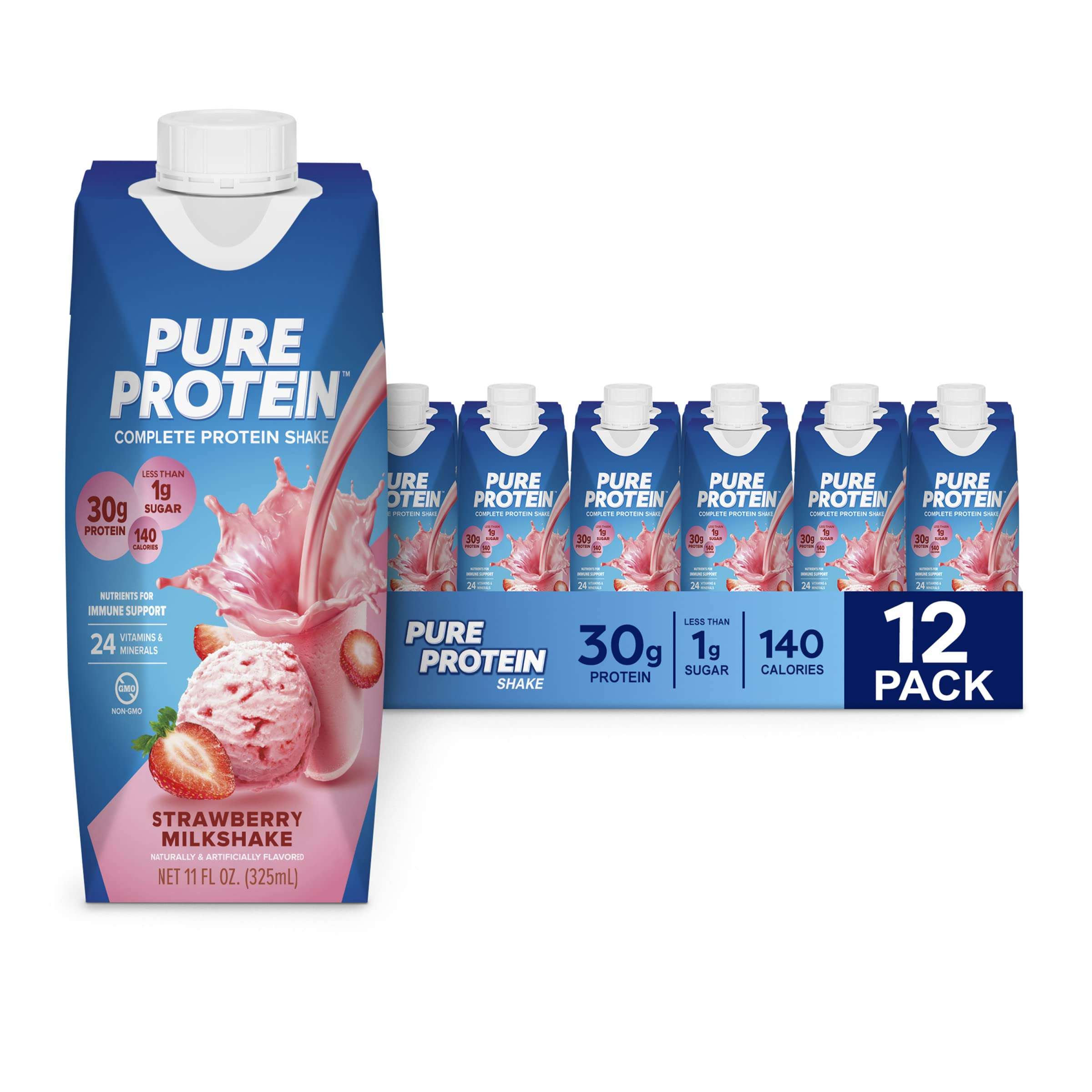 Pure Protein Strawberry Protein Shake, 30g Complete Protein, Ready to Drink and Keto-Friendly, Vitamins A, C, D, and E plus Zinc to Support Immune Health, 11oz Bottles, 12 Pack - Image 1