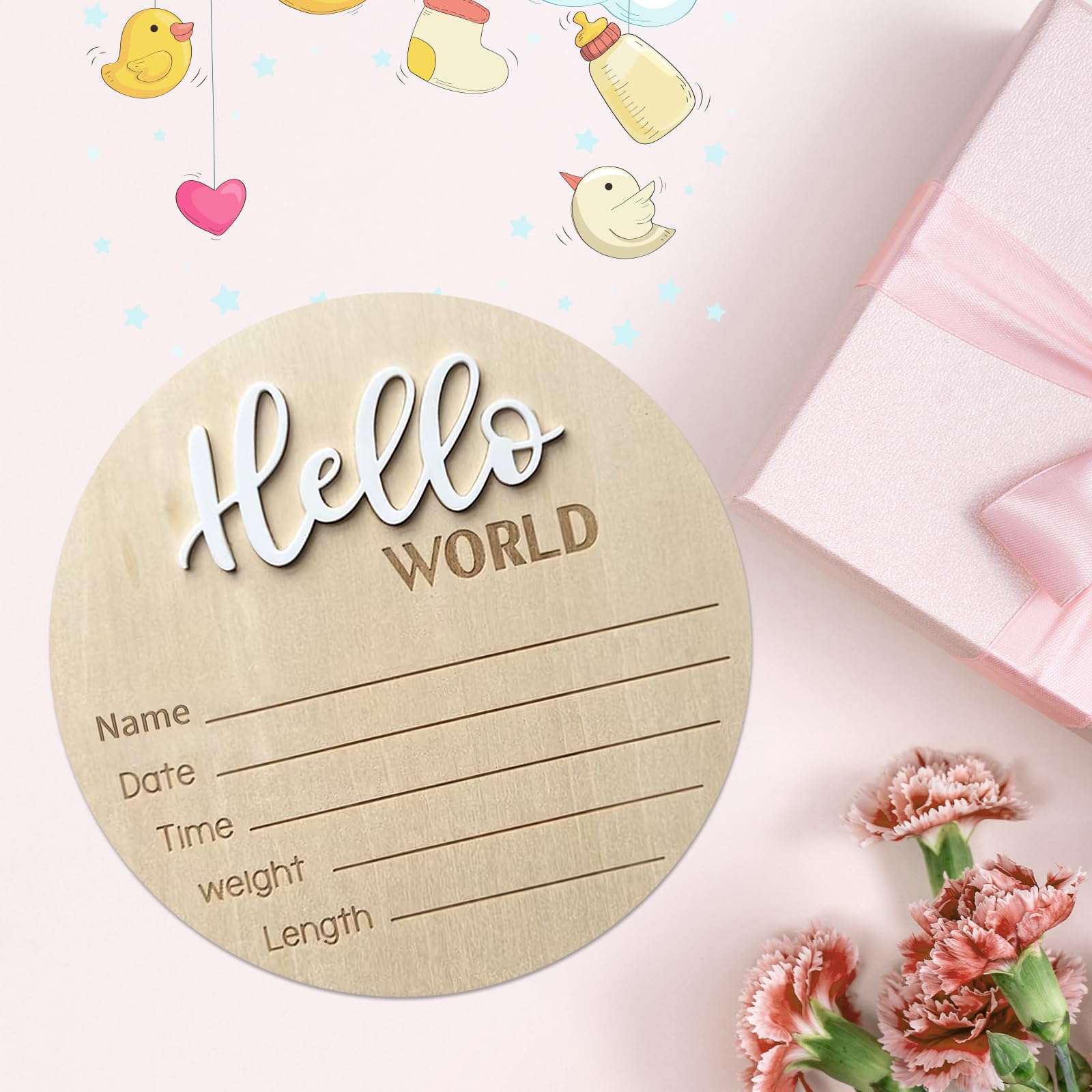 Baby Announcement Sign, ​5.9 Inch Wooden Hello World Newborn Signs, Birth Announcement Sign, Baby Shower Hospital Nursery for Newborn Boys and Girls (White) - Image 5