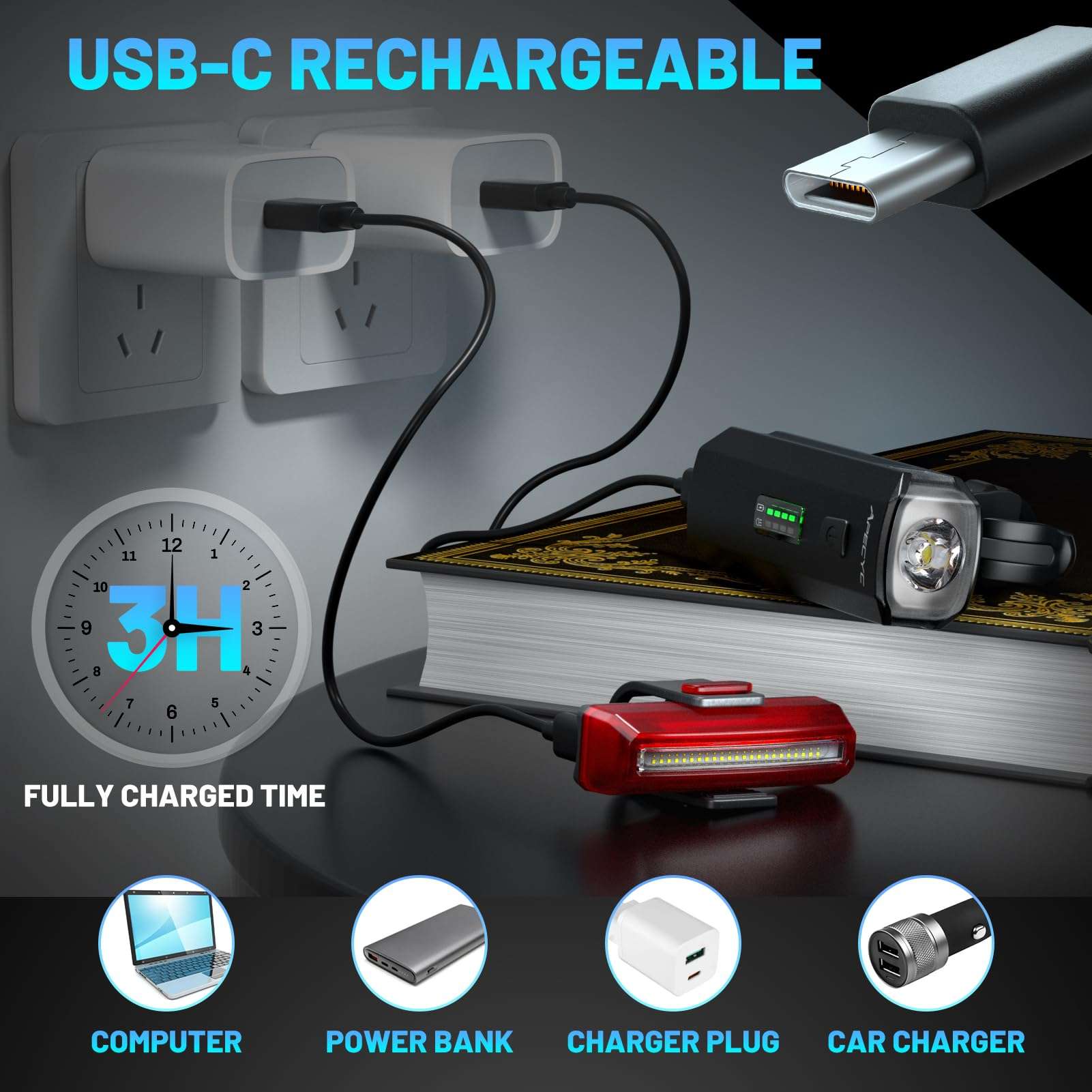 APECYC Bike Lights for Night Riding, Bicycle Front Headlight and Back Taillight with 4+5 Light Modes, USB Rechargeable Bright Bike Headlights for Cyclists and Commuters - Image 6