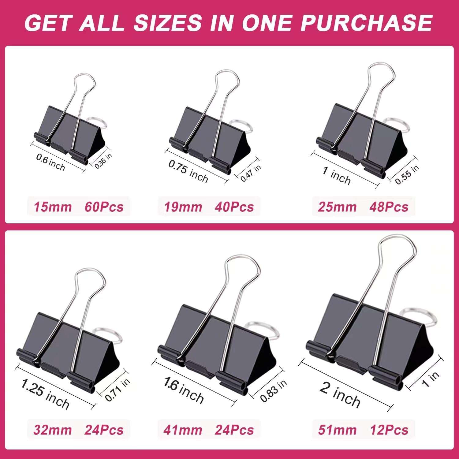 STOLCA 208 PCS Binder Clips Paper Clamps Assorted Sizes, Metal Paper Binder Clip, Black Binding Paperwork Clamp Bulk, Office Supplies for School Teachers - Image 3