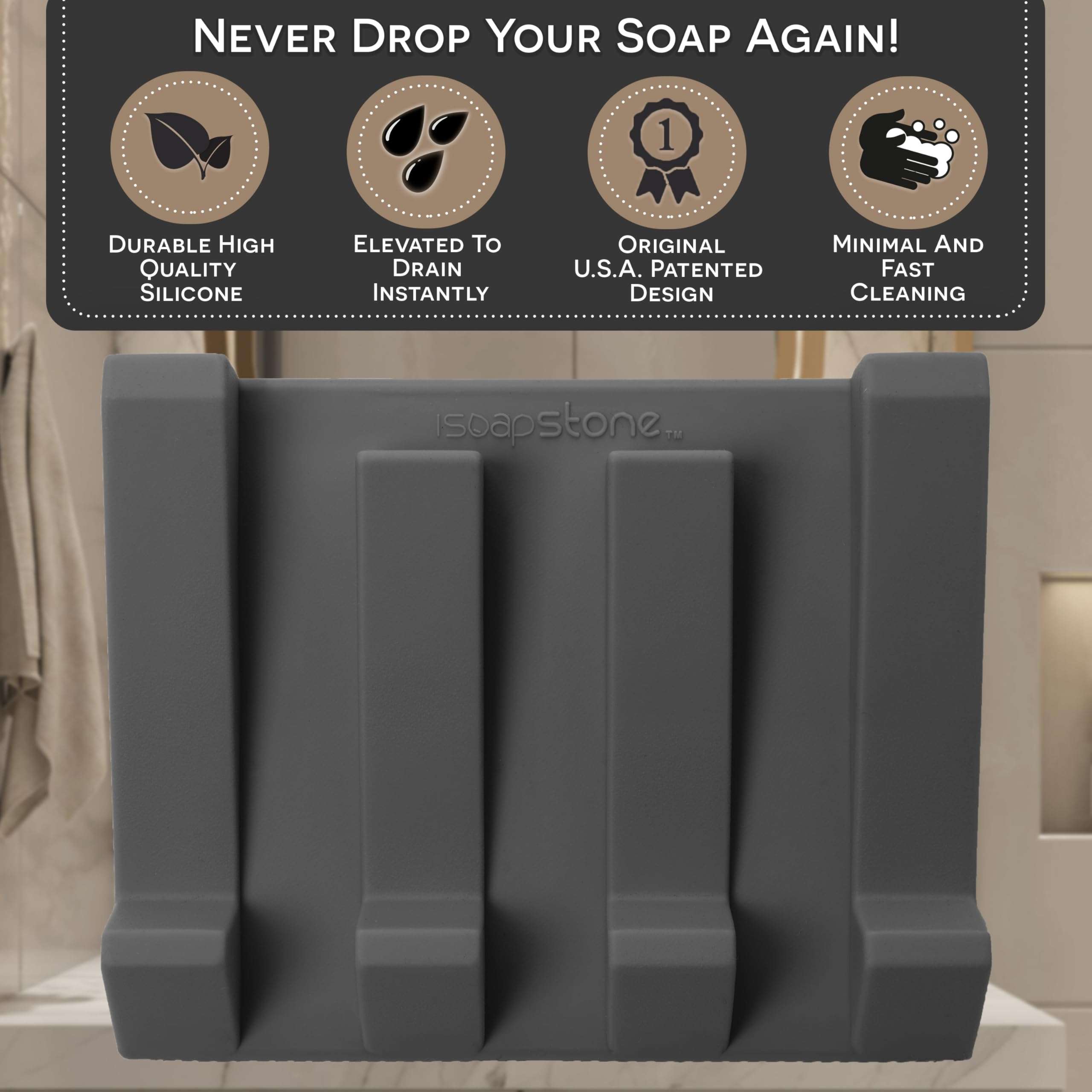 iSoapStone Silicone Soap Dish (USA Patented) Self Draining Bar Soap Holder for Shower Bathroom Sink, Drying Soap Dish Tray Kitchen Sponge Holder Easy Cleaning Soap Saver Mat (Dark Grey, 2) - Image 4