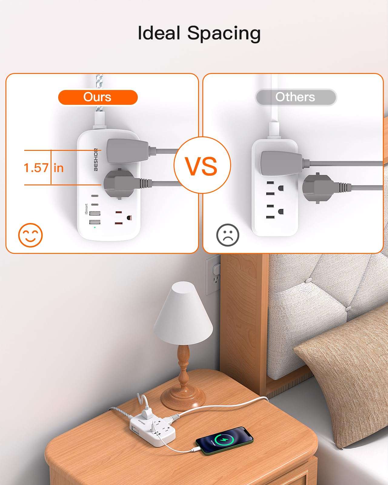 10FT Flat Plug Power Strip with USB C, BESHON Ultra Thin Flat Plug Extension Cord - 6 Outlets with 4 USB Ports(2 USB C), Power Strip for Dorm Room Travel Essentials - Image 3