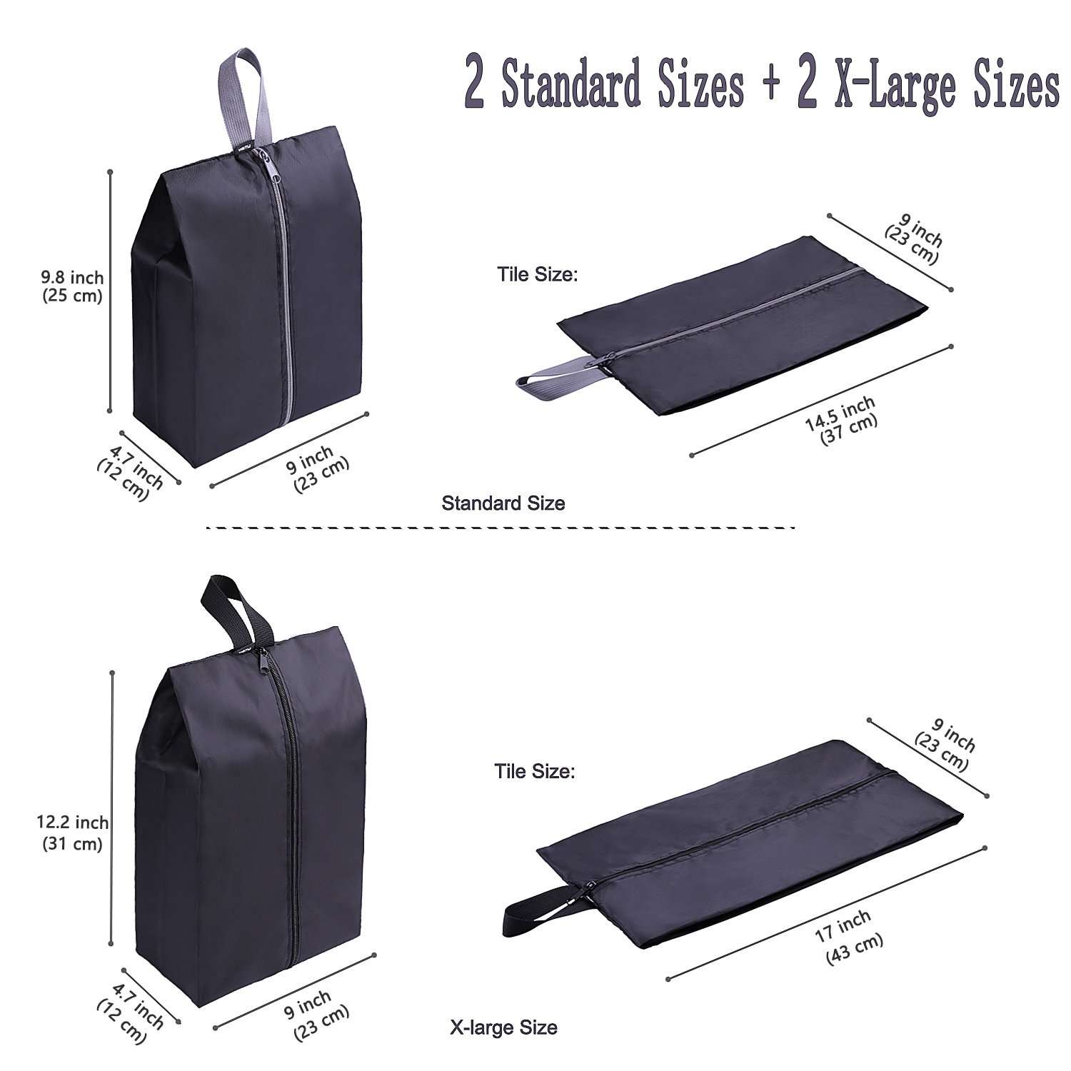 YAMIU Travel Shoe Bags Set of 4 Waterproof Nylon with Zipper for Men & Women, Black - Image 2