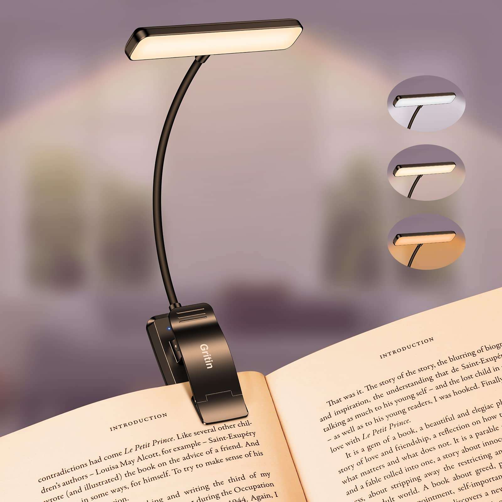Gritin 19 LED Rechargeable Book Light for Reading in Bed with Memory Function- Eye Caring 3 Color Temperatures,Stepless Dimming Brightness,80 Hrs Runtime Lightweight Clip on Light for Book Lovers - Image 1