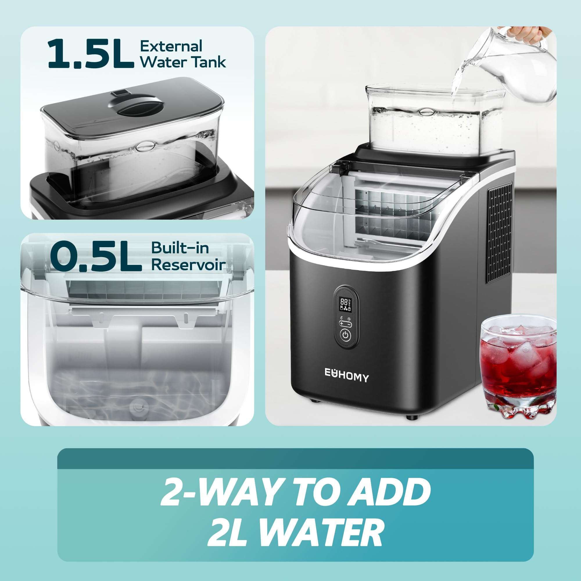 EUHOMY Ice Cube Maker Machine Countertop with External Water Tank, 34Lbs, 16Pcs Ready in 13 Mins, 2 Ways to Add Water, Auto-Cleaning, with Ice Scoop & Basket, for Home/Kitchen/Office/Bar (Black) - Image 3