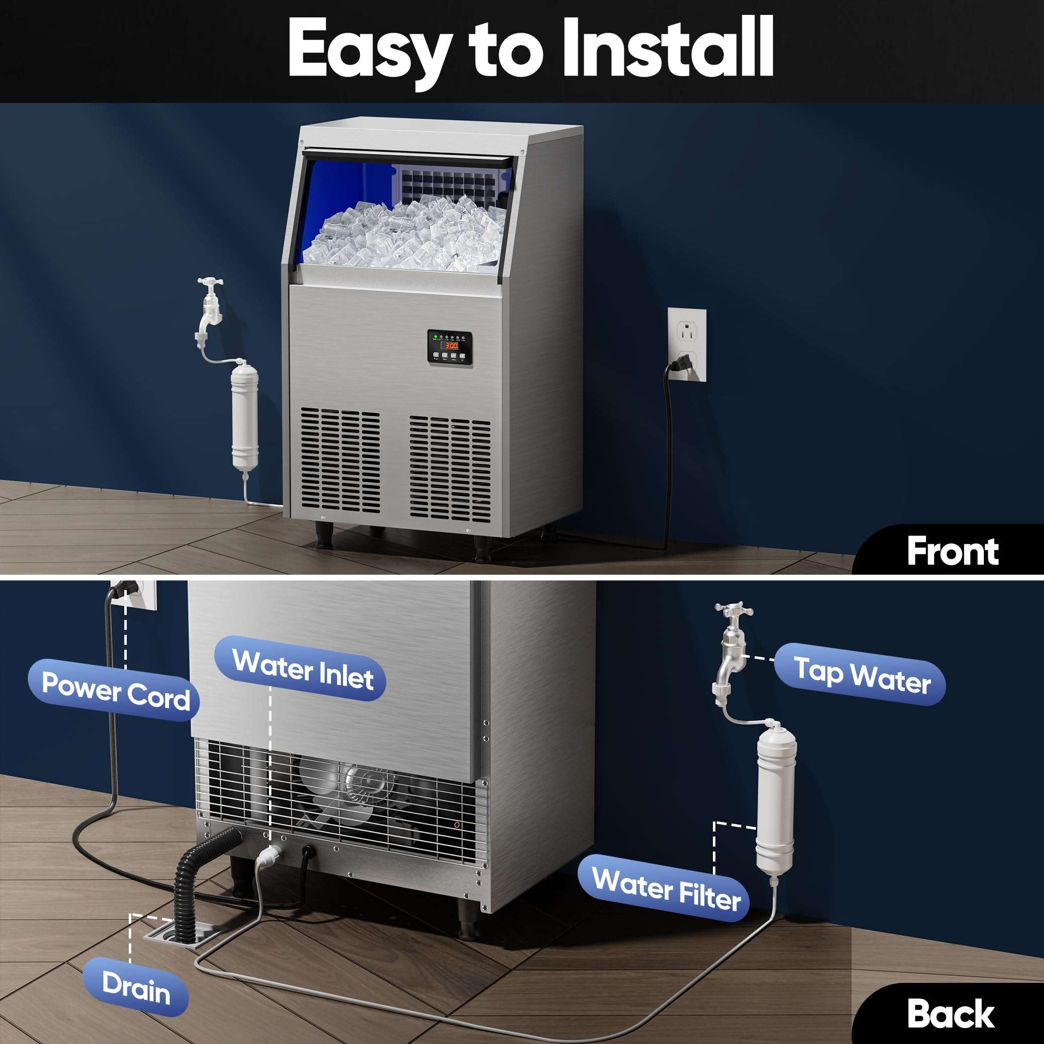 Coolski Commercial Ice Maker Machine 100LBS/24H, Under Counter Ice Maker with 34LBS Storage Capacity, Stainless Steel Ice Machine for Restaurant Home Bar, DOE - Image 9