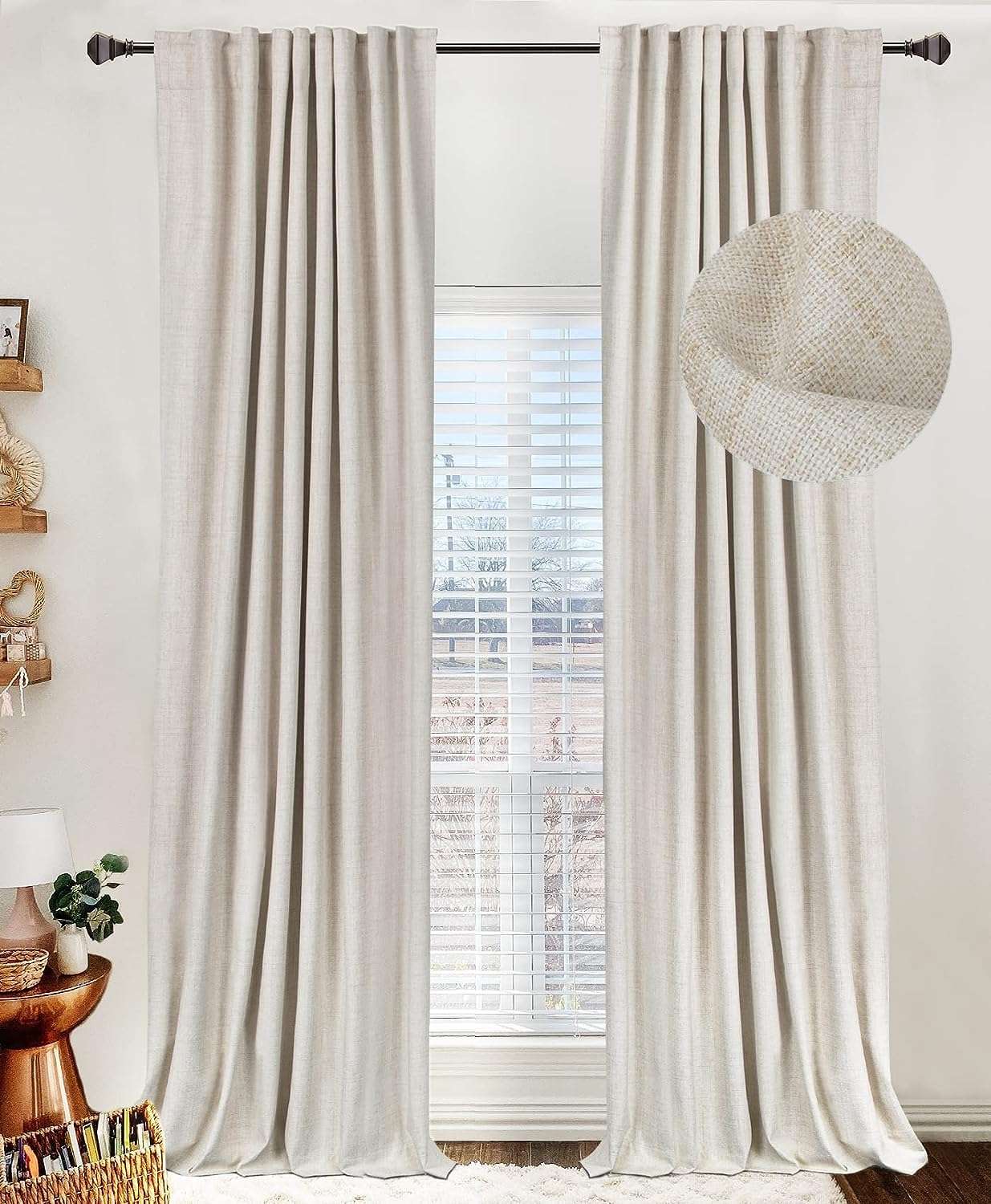 100% Blackout Shield Linen Blackout Curtains for Bedroom 108 Inches Long, Back Tab/Rod Pocket Living Room Drapes, Thermal Insulated Blackout Curtains 2 Panels Set, 50" W x 108" L,Cream - Image 1