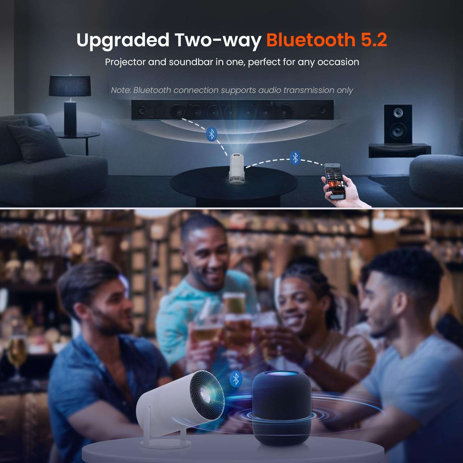[Two-Way Bluetooth 5.2] Mini Portable Projector 1080P HD Multi-Angle Projection, Tecaki Smart Projector with 180°Rotatable Mount Auto Keystone Correction Long Lens Life (White2) - Image 7