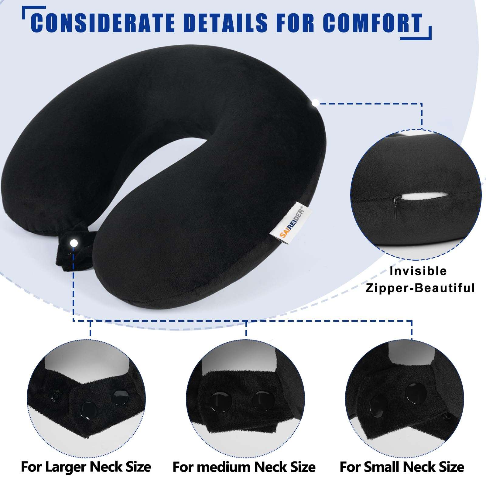 SAIREIDER Travel Pillow 100% Pure Memory Foam Travel Neck Pillow, Airplane Pillow for Traveling、Car、Home、Office，Washable Cover（Black） - Image 6