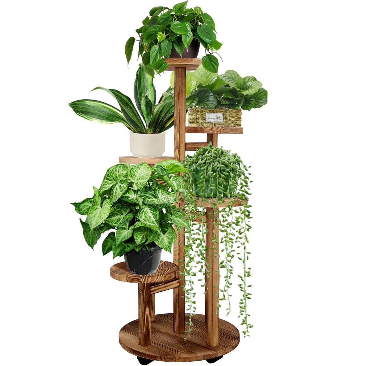 GEEBOBO 5 Tiered Tall Plant Stand for Indoor, Wood Plant Shelf Corner Display Rack, Multi-tier Planter Pot Holder Flower Stand for Living Room Balcony Garden Patio (Walnut) - Image 1