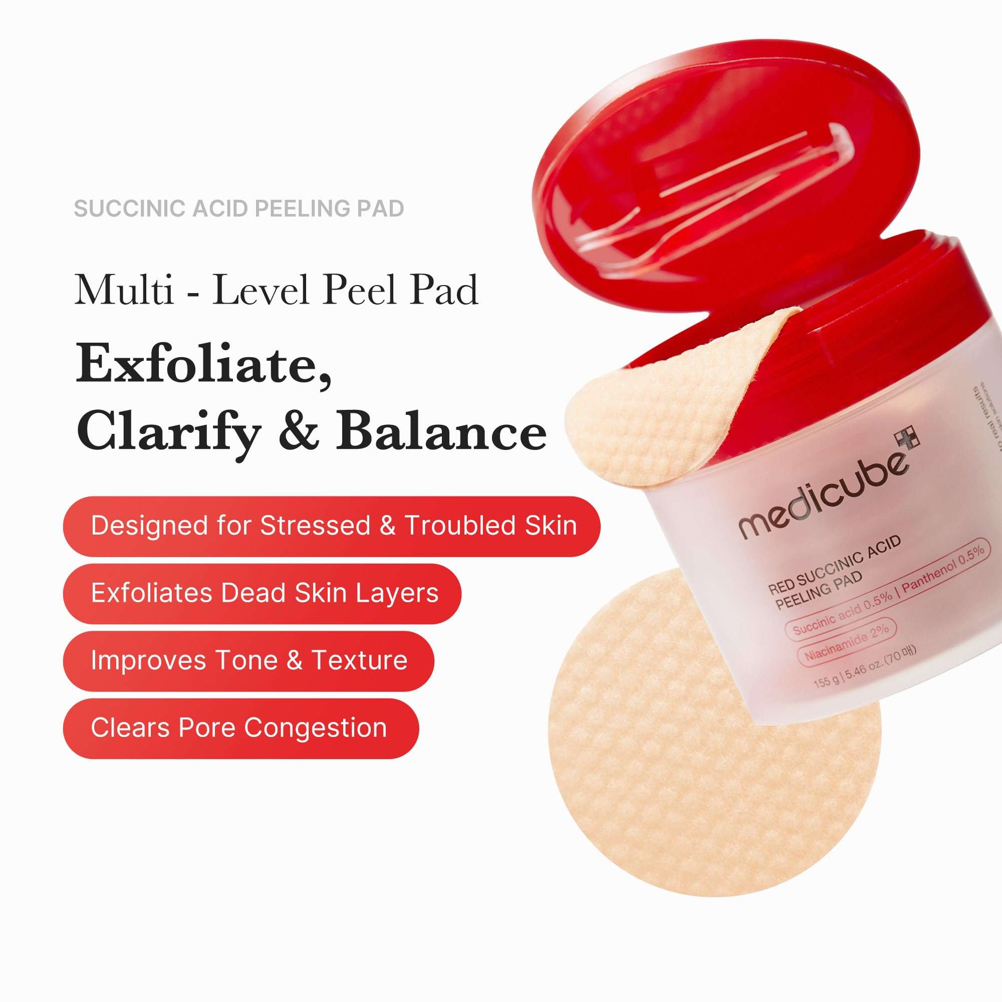 Medicube Red Succinic Acid Panthenol Facial Peeling Pads - Exfoliating Toner Pads for Breakout-Prone Skin with Niacinamide, AHA, BHA, and Soothing Panthenol - Non-Comedogenic - Image 2