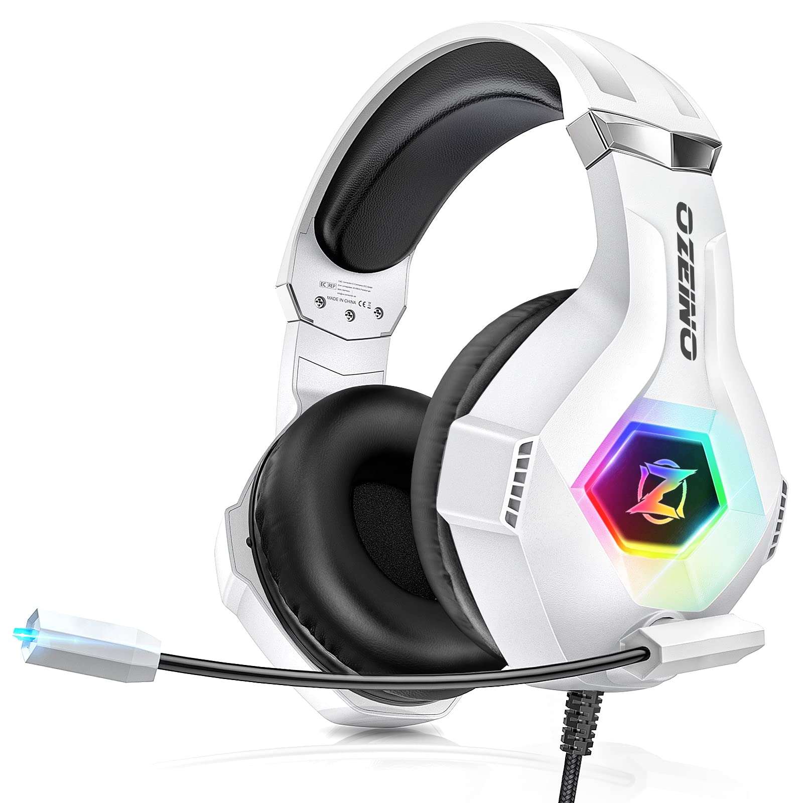 Ozeino Gaming Headset for PC, Ps4, Ps5, Xbox Headset with 7.1 Surround Sound Gaming Headphones with Noise Canceling Mic, LED Light Over Ear Headphones for Switch, Xbox Series X/S, Laptop, Mobile White - Image 1