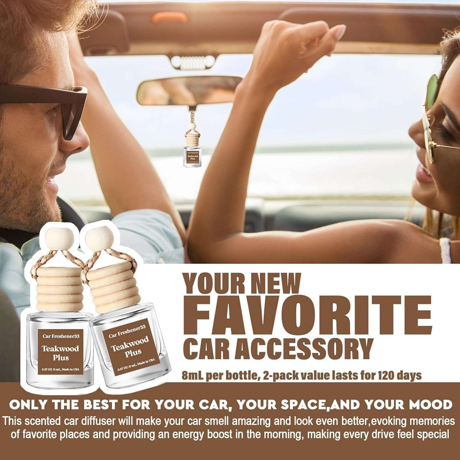 Car Air Freshener Hanging 2 Pack,Mahogany Teakwood Essential Oil Diffuser for Car, Car Air Freshener Cute, 45+ days Long Lasting Air Freshener for Car And Women, car accessories Made in USA - Image 4