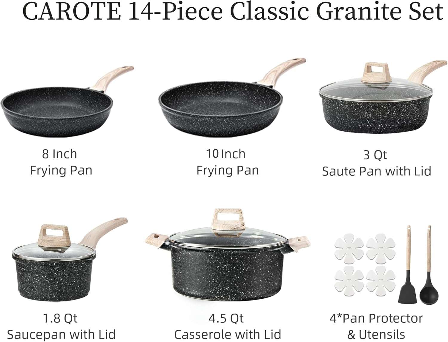 CAROTE 14Pcs Pots and Pans Set Non Stick, Cookware Sets Induction Cookware Granite Cooking Set with Frying Pans, Saucepans, Saute Pan, Extra Large Casserole - Image 2