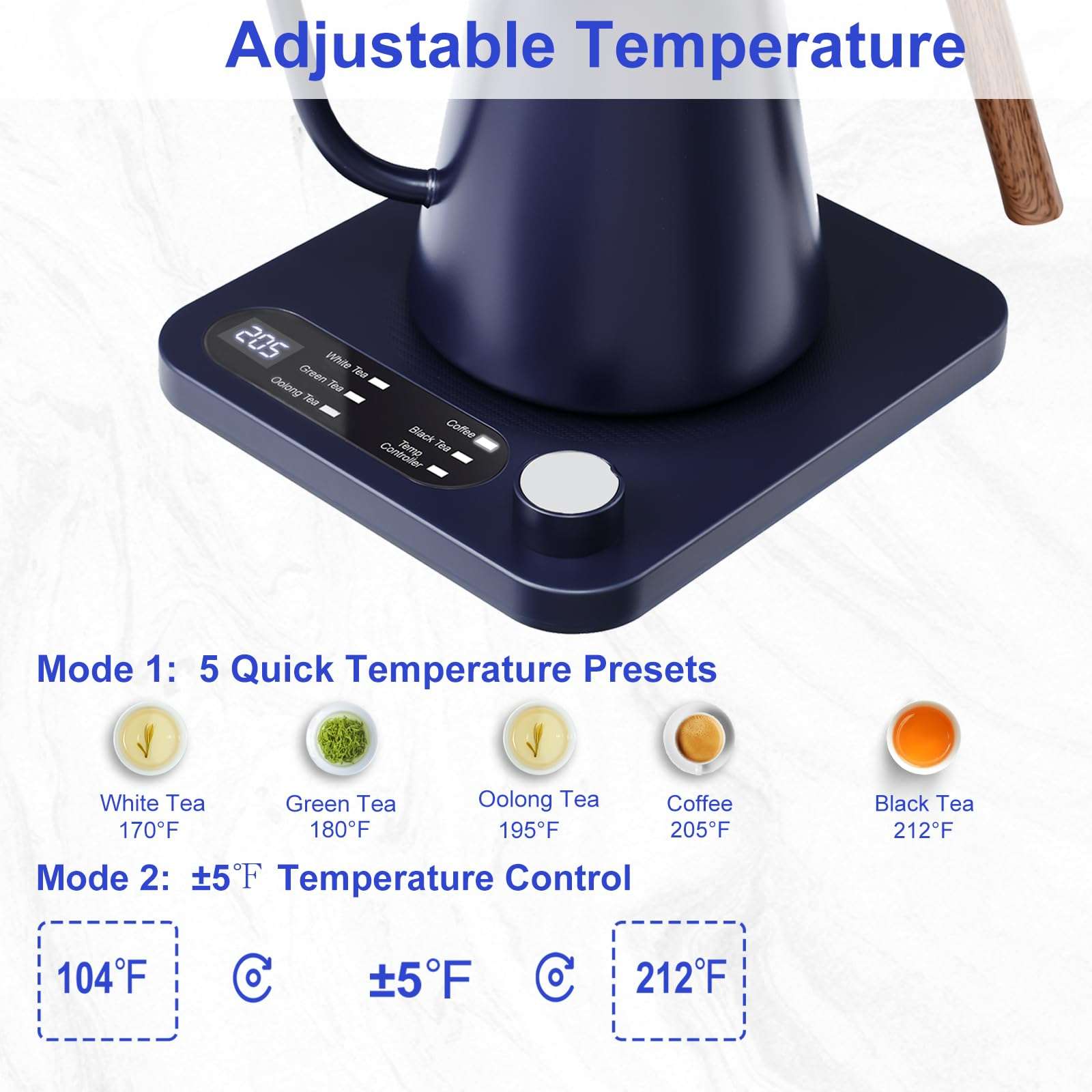 Gooseneck Electric Kettle - 1200W Quick Boil, Temp Control with 5 Presets & ±5℉ Adjustment, Accurate Pouring, 24oz Small Pour Over Coffee & Tea Kettle, 2H Auto Keep Warm, Stainless Steel, Blue - Image 3