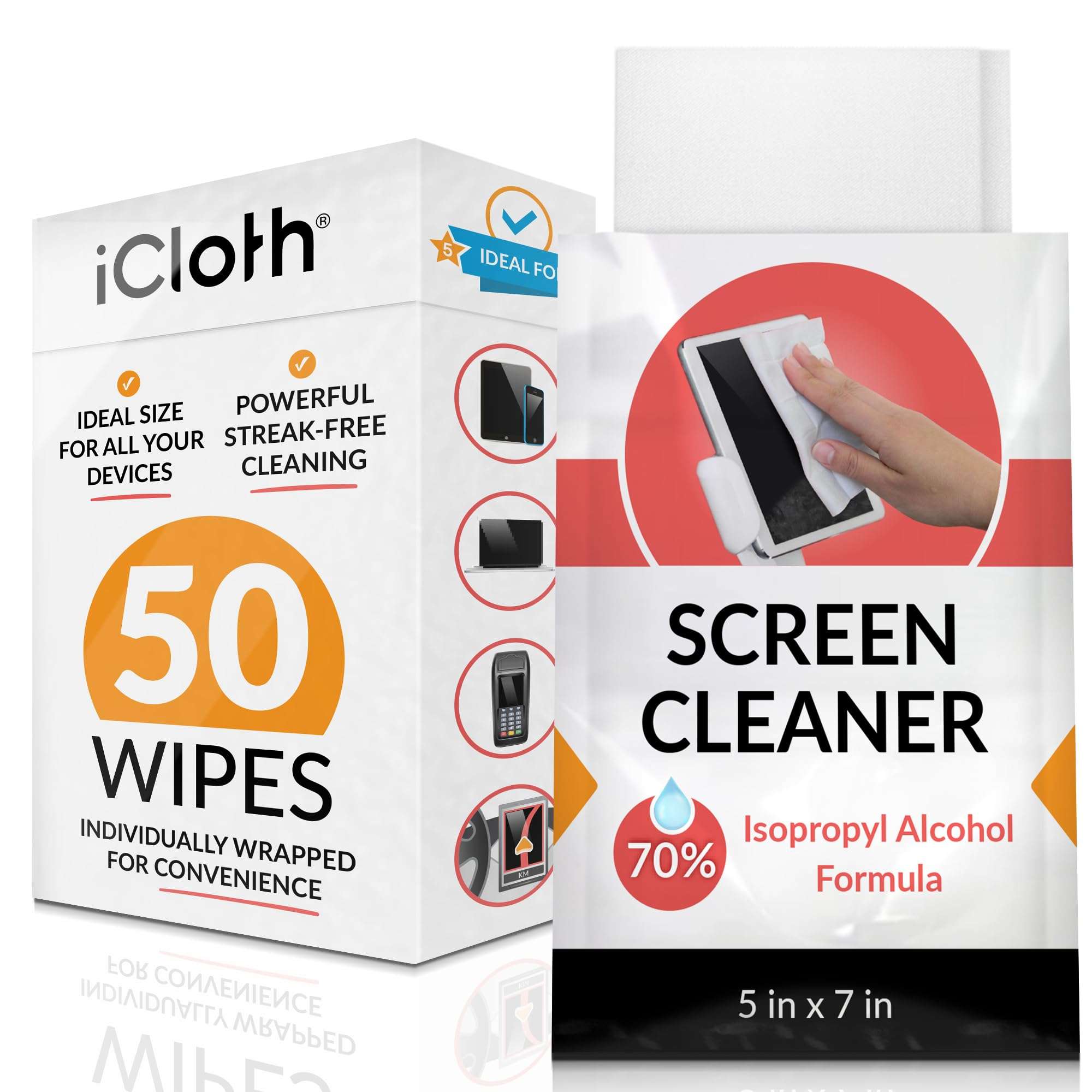 iCloth 70% Isopropyl Alcohol Large Screen and Electronics Wipes, Lint-Free, Streak-Free, Fast-Drying, Removes Dust and Fingerprints (50 Wipes) - Image 1