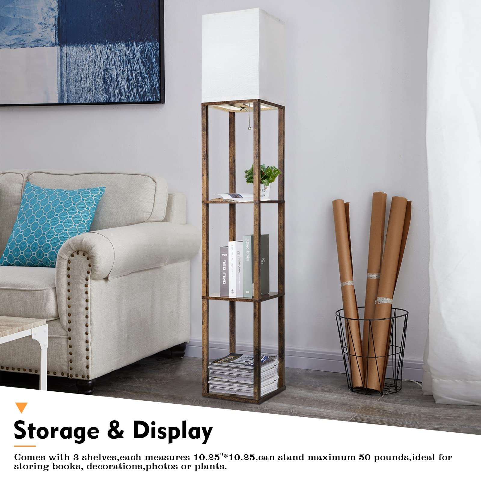 RUNTOP Floor Lamp with Shelves, Modern Shelf Lamp for Display Storage, 3 Color Temperature Wood Narrow Standing Corner Lamp with 8W Bulb for Living Room Decor, Bedroom, Office, Home Decor(Brown) - Image 3