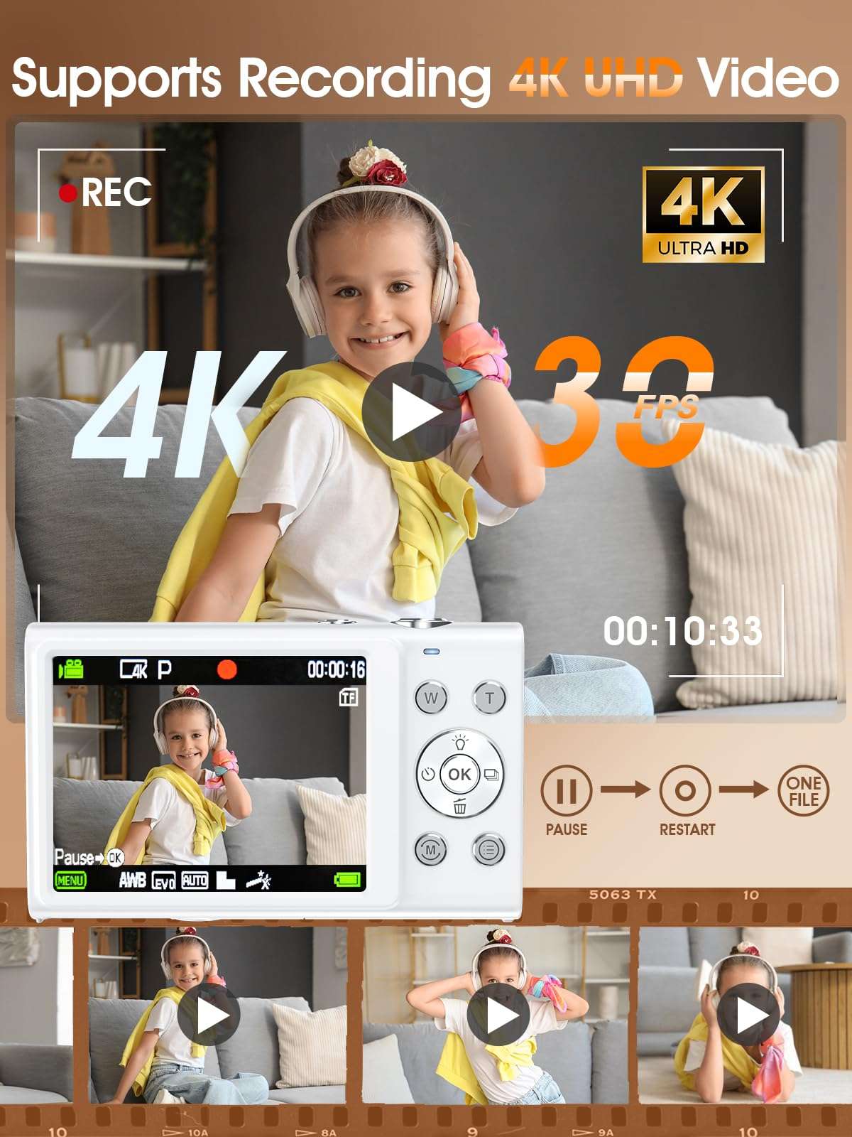 Digital Camera,Autofocus 4K Vlogging Camera for Photography with 32GB Card,48MP Portable Compact Point and Shoot Digital Camera for Teens Adult Beginner with 16X Zoom,Anti-Shake,2 Batteries(White) - Image 3
