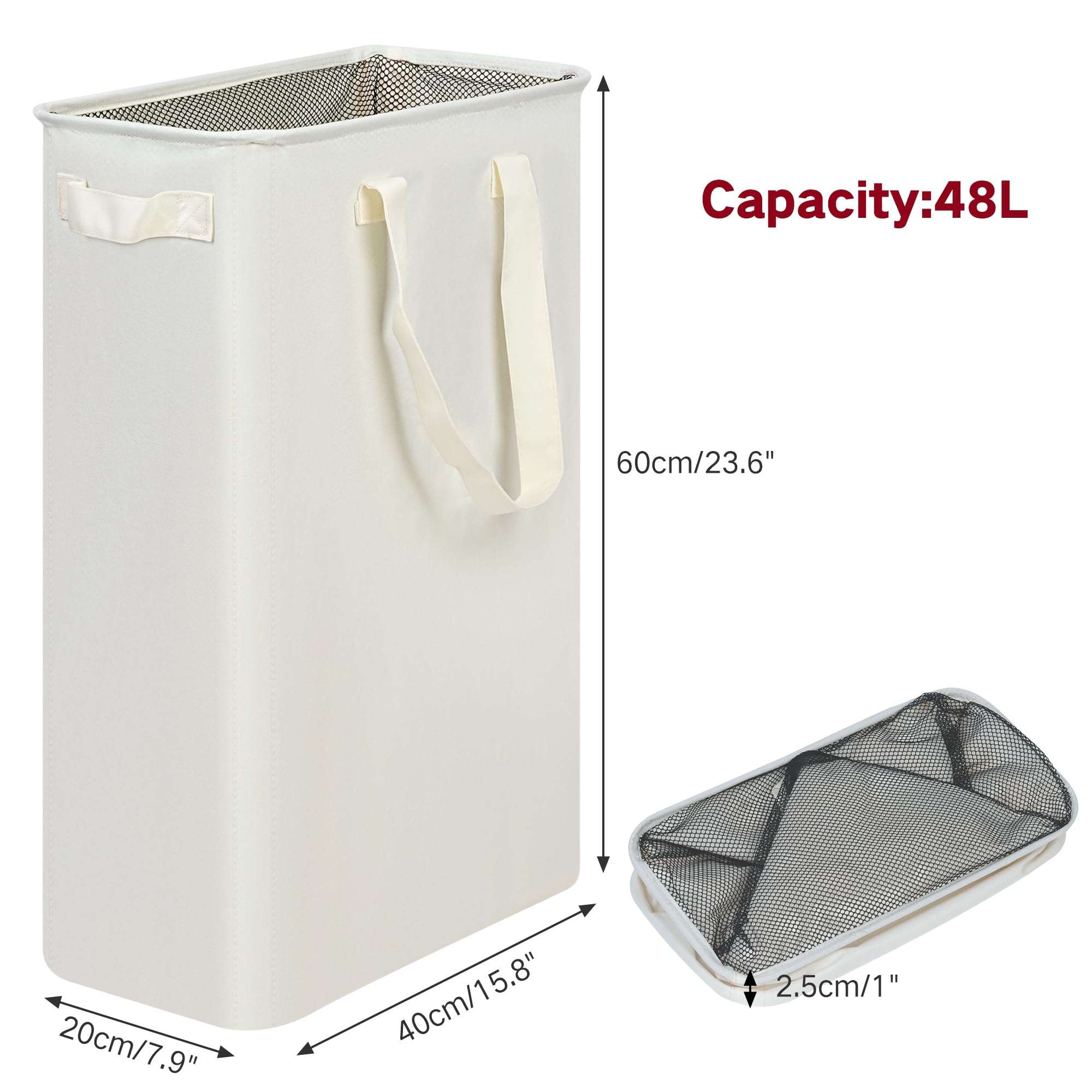 efluky Slim Laundry Basket, Narrow Laundry Hamper with Handles, Collapsible Dirty Clothes Hamper, Tall Laundry Bin for Laundry Room, Dorm and Bedroom, 12.7 Gallons(48L) Beige - Image 3
