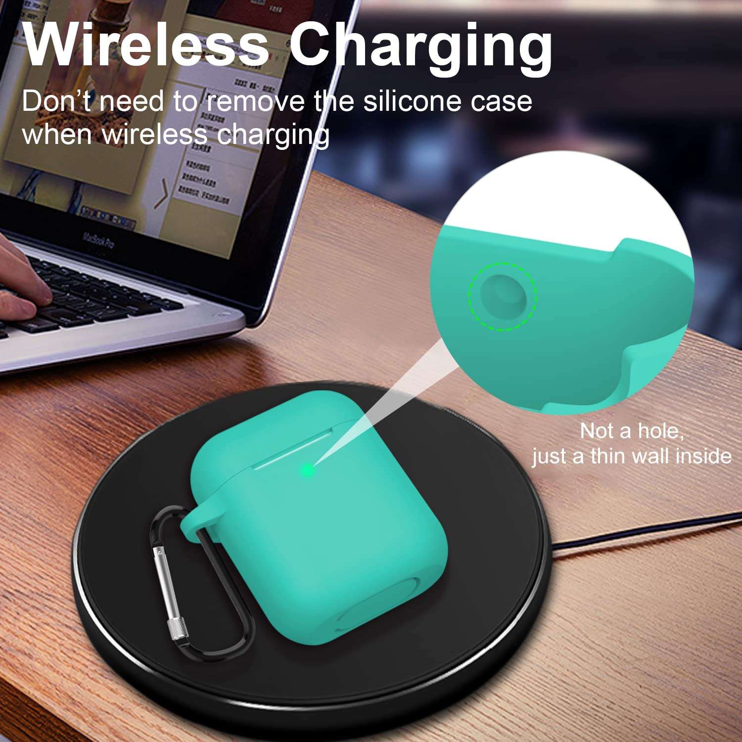 SATLITOG Case Cover with Secure Lock Keychain, Protective Silicone Cover Compatible with Apple AirPods 2nd & 1st Charging Case - Mint Green - Image 6