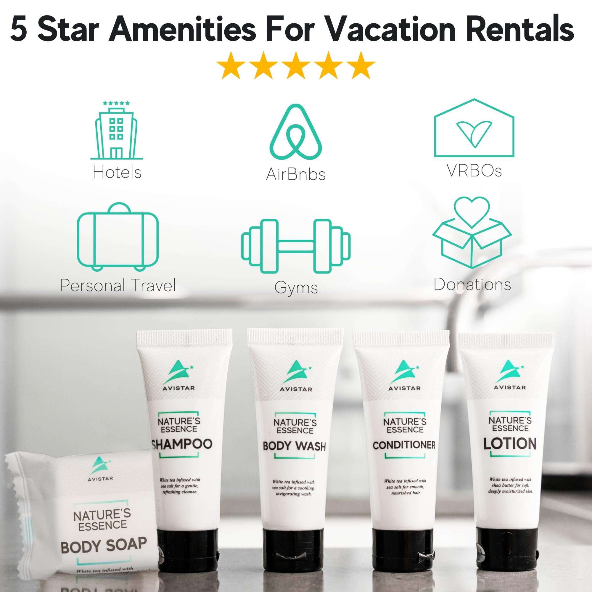 5 Piece Hotel Soap & Bulk Toiletries - Travel Essentials for Hosts & Guests - Hotel Shampoo & Conditioner Supplies for Guest, Hotel Toiletries Bulk Set, Mini Bulk Travel Size Toiletries, Air BnB - Image 2