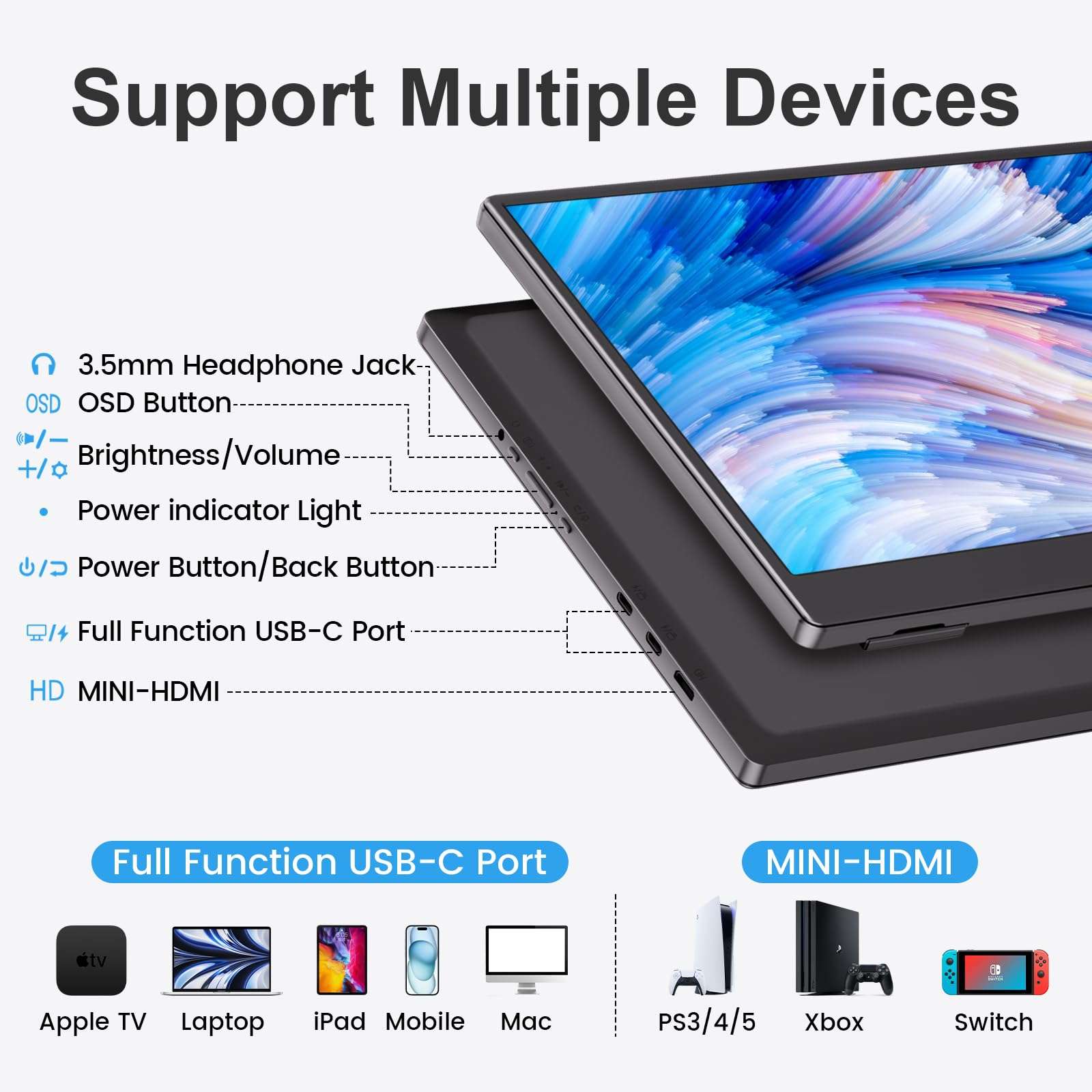 UFYQL Portable Monitor 15.6-inch FHD 1080P Ultra-Slim Travel External Monitor HDR IPS Gaming Display with Kickstand &Speakers USB-C HDMI Plug&Play，for Laptop PC Phone PS4/5 Xbox Switch - Image 5
