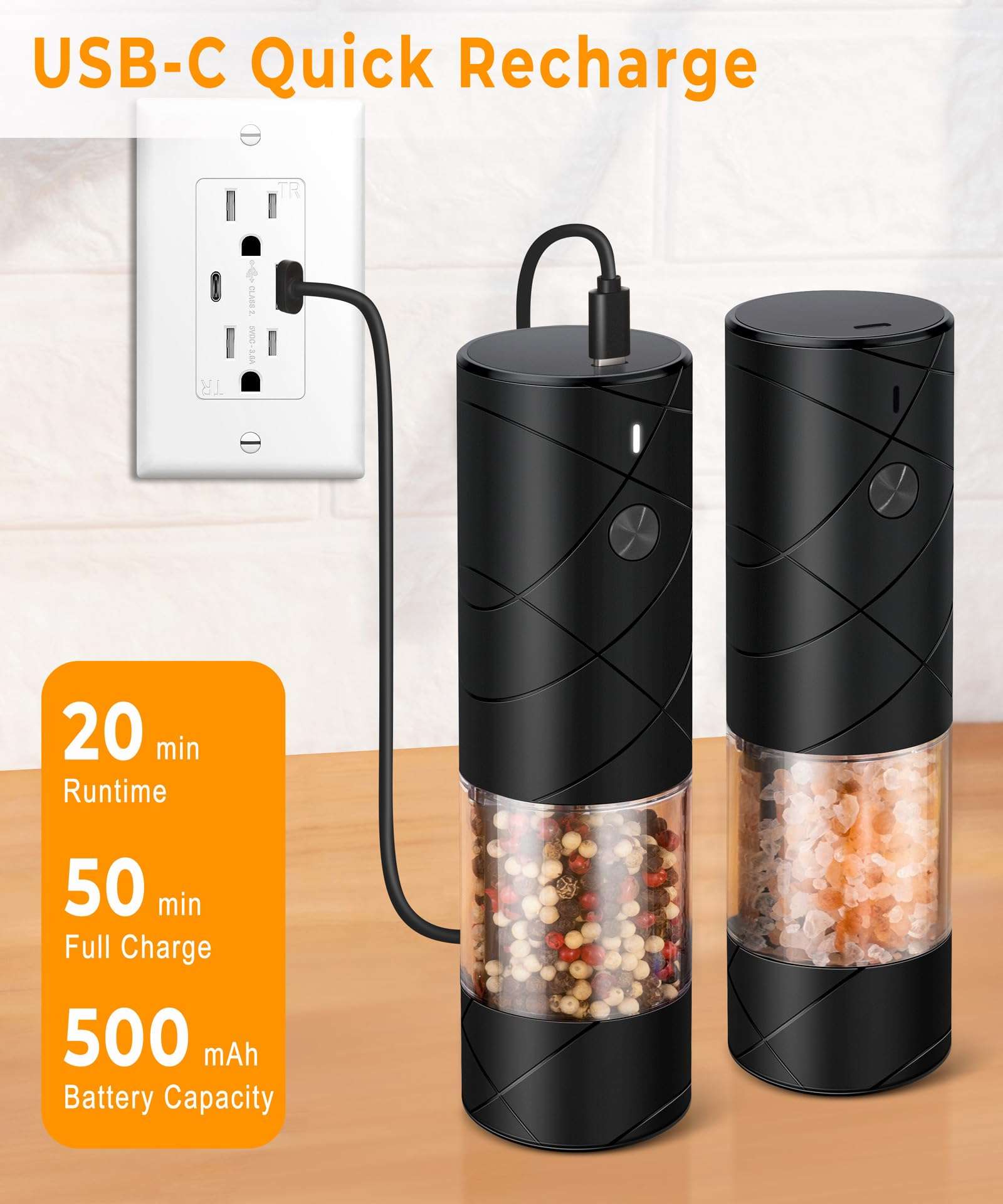 Rechargeable Electric Salt and Pepper Grinder Set - Extra Large Capacity - Automatic Black Peppercorn & Sea Salt Mill Grinders Set with Adjustable Coarseness & LED Light - Image 3