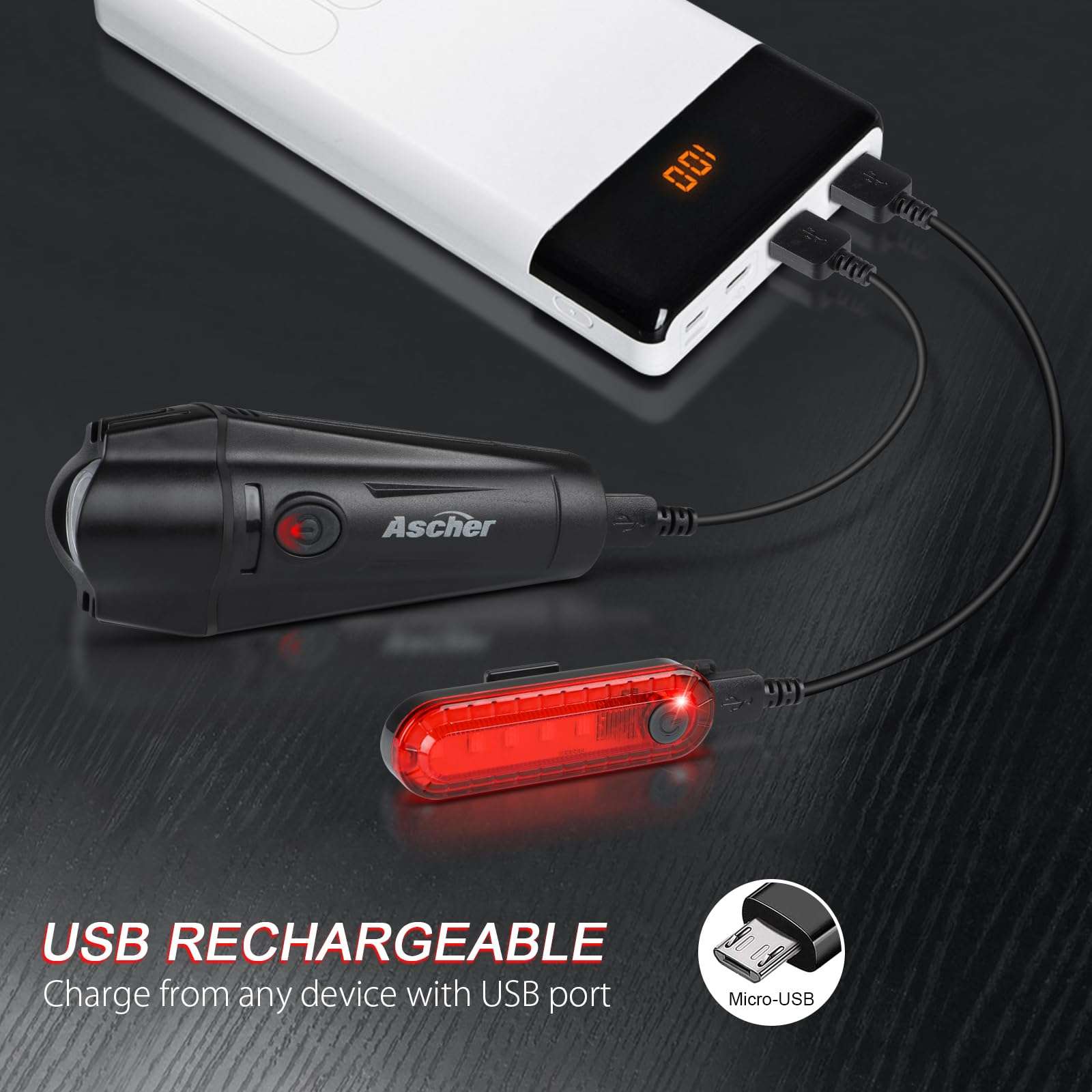 Ascher Ultra Bright USB Rechargeable Bike Light Set, Powerful Bicycle Front Headlight and Back Taillight, 4 Light Modes, Easy to Install for Men Women Kids Road Mountain Cycling Black - Image 2