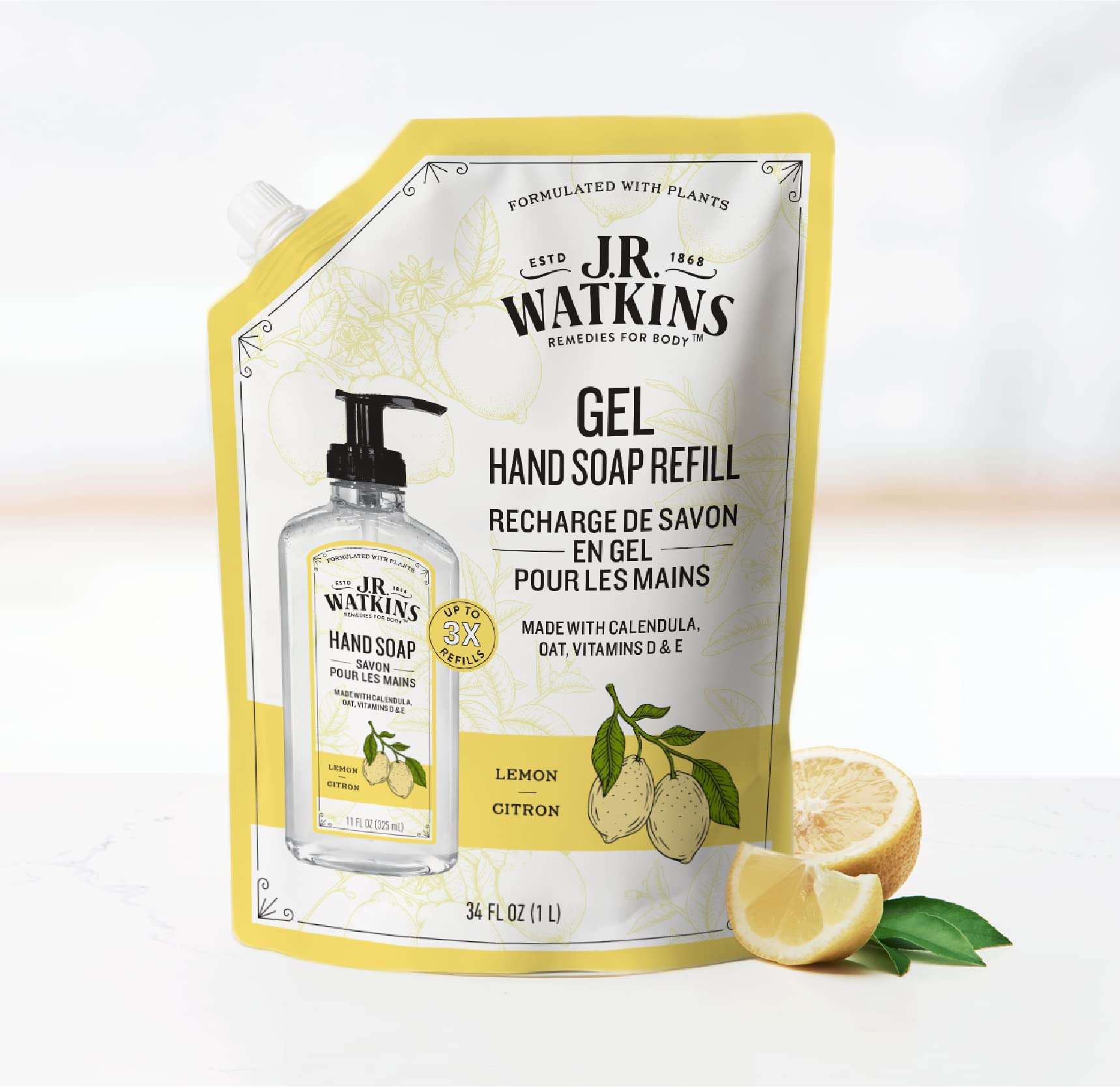 J.R. Watkins Gel Hand Soap Refill, Moisturizing Hand Wash, All Natural, Alcohol-Free, Cruelty-Free, USA Made, Lemon, 34 Fl Oz, 3 Pack - Image 5