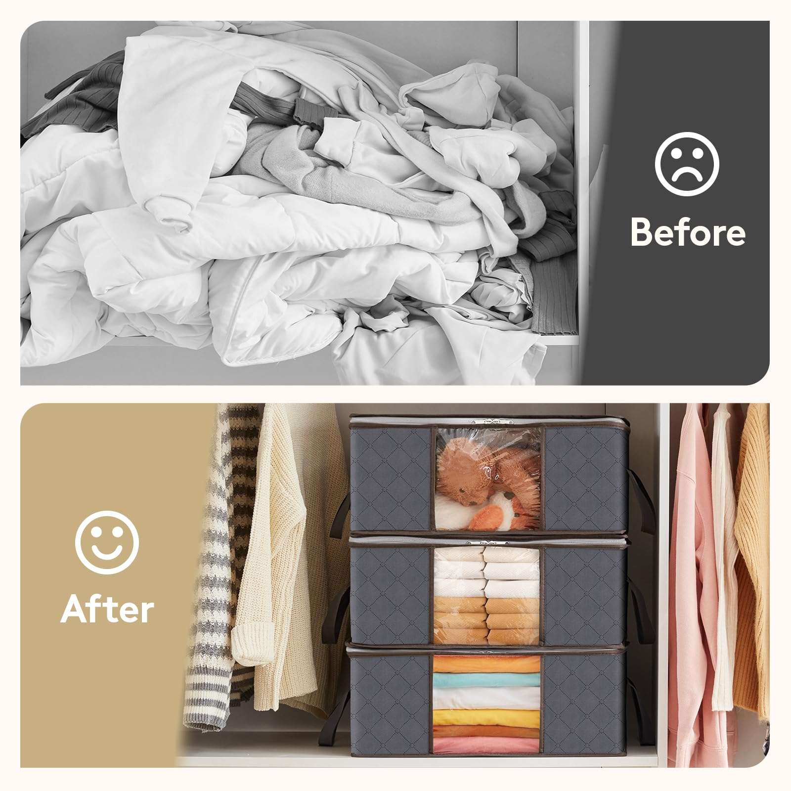 Lifewit 4 Pack Clothes Storage Bag, Foldable Storage Bin Closet Organizer with Reinforced Handle, Sturdy Fabric Blanket Storage with Clear Window, Storage Containers for Clothing, Bedding, Gray - Image 9