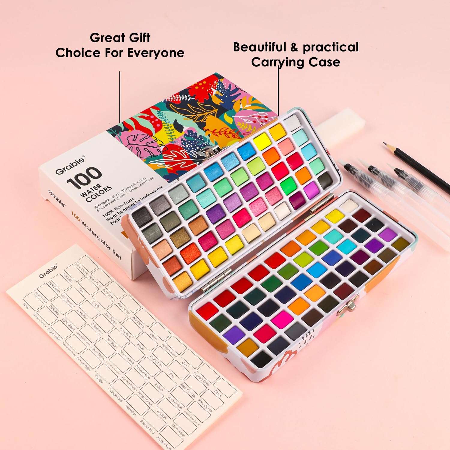 Grabie 100 Colors Watercolor Paint Set - 50 Regular, 35 Metallic, 10 Macaron and 5 Fluorescent Colors - Portable with Carrying Case, Water Brush Pens, and Accessories - For Beginners and Professionals - Image 2