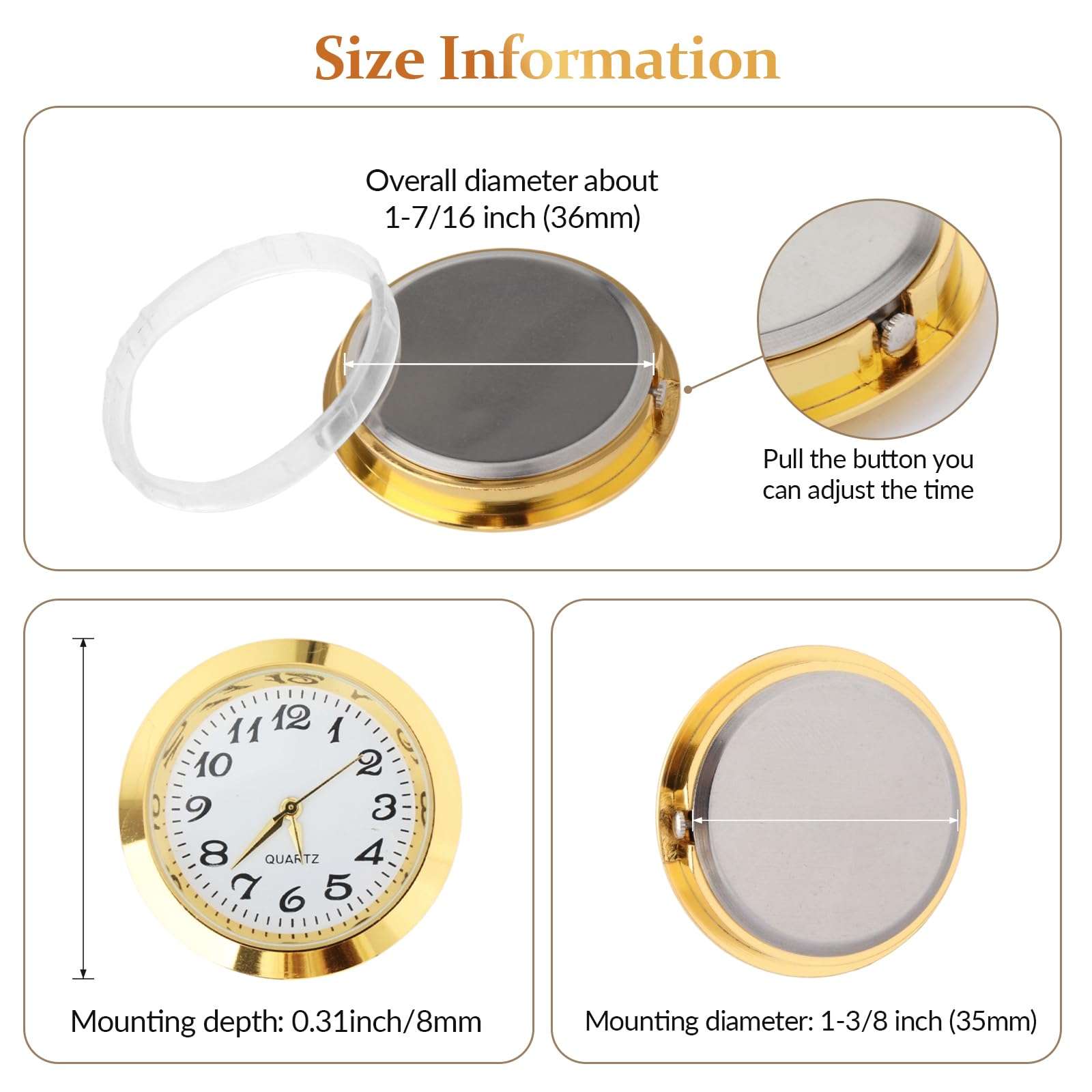 Fenteer 1-7/16 Inch (36 mm) Clock Insert Fit Diameter 1-3/8 Inch (35 mm) Hole, Arabic Numerals, Aureate - Image 3