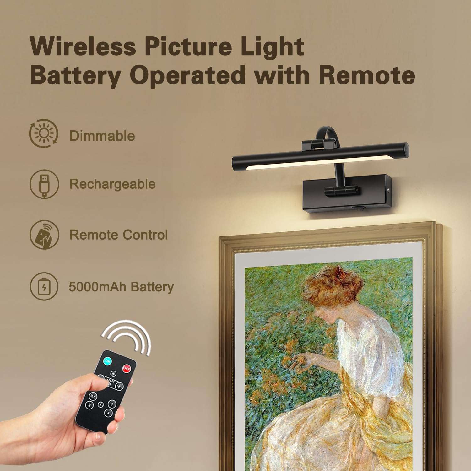 DESOOP Battery Operated Picture Lights for Wall Black Art Light Wireless Gallery Lights with Timer and Remote 12 Inch 2W Warm White - Image 7