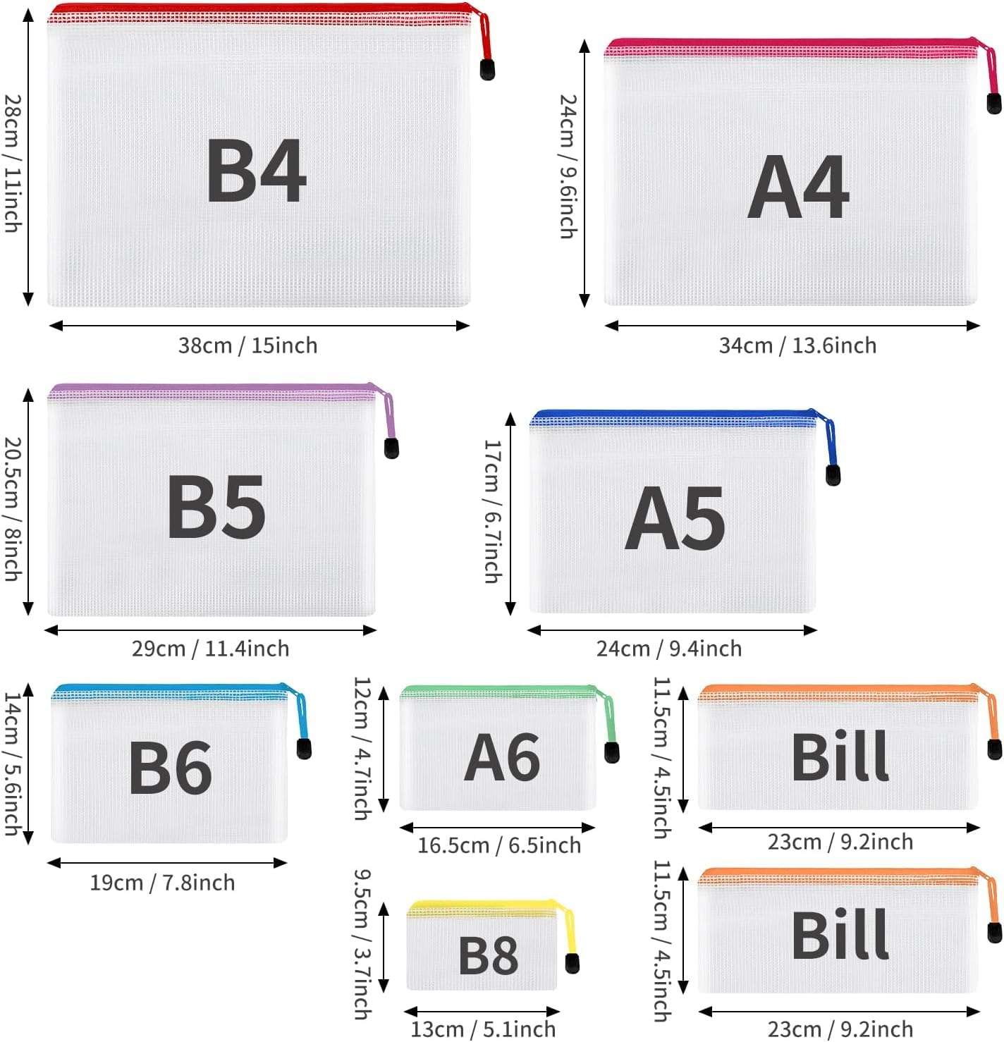EOOUT 30pcs Mesh Zipper Pouch Bags, 8 Sizes Plastic Bags, 8 Colors Waterproof Pouches with slide fastener for Organization, Multipurpose for Travel, School Supplies, Office and Home Organization - Image 3
