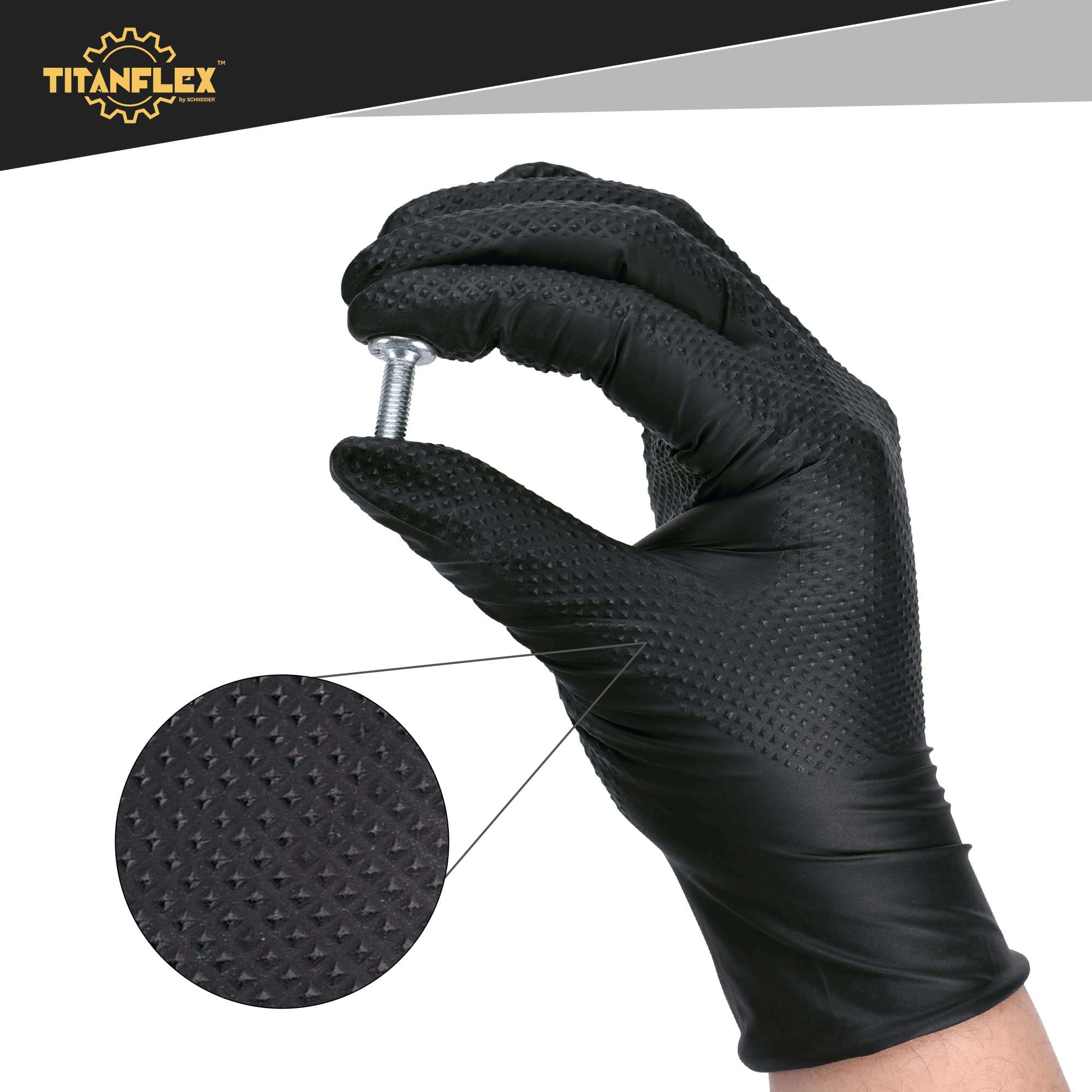 TitanFlex Heavy Duty Black Nitrile Gloves, Raised Diamond Texture, Latex Free, Powder Free Disposable Gloves (8Mil/6Mil) - Image 5