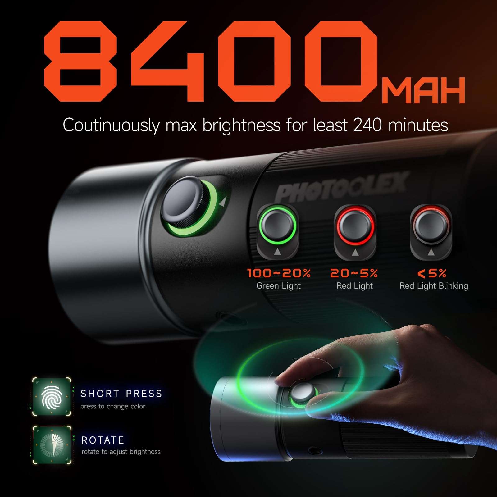 PHOTOOLEX 4 Colors Photography Flashlight, 8400mAh Power Portable Spotlight for Photography, LED Flashlight Aluminum Alloy Light for Video Recording & Vlogging, Sunset Light Rechargeable Flashlights - Image 5